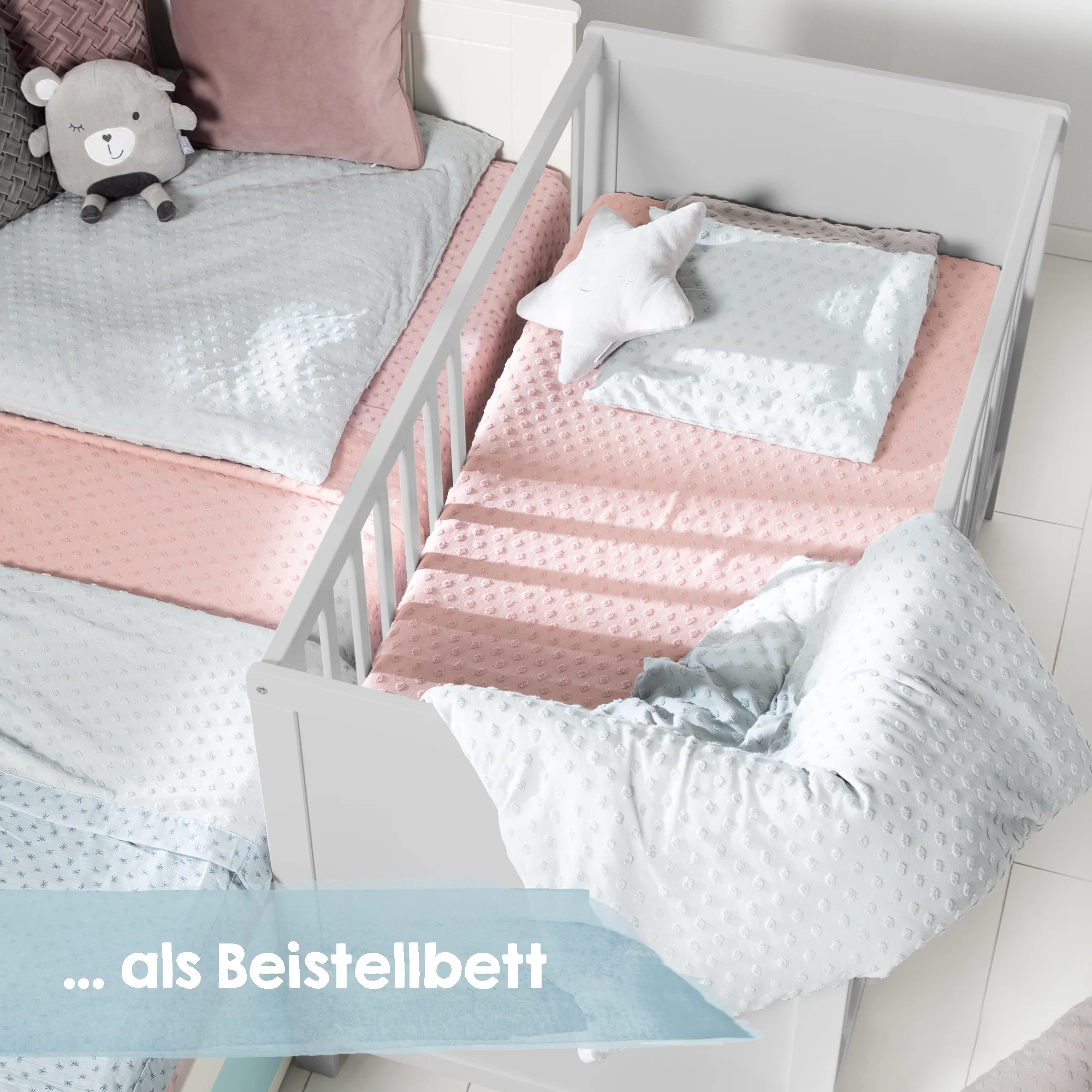 Beistellbett, 60 x 120 cm, taupe, verstellbar, 5 Schlupfsprossen, inkl. Lattenrost & Matratze - Image 5