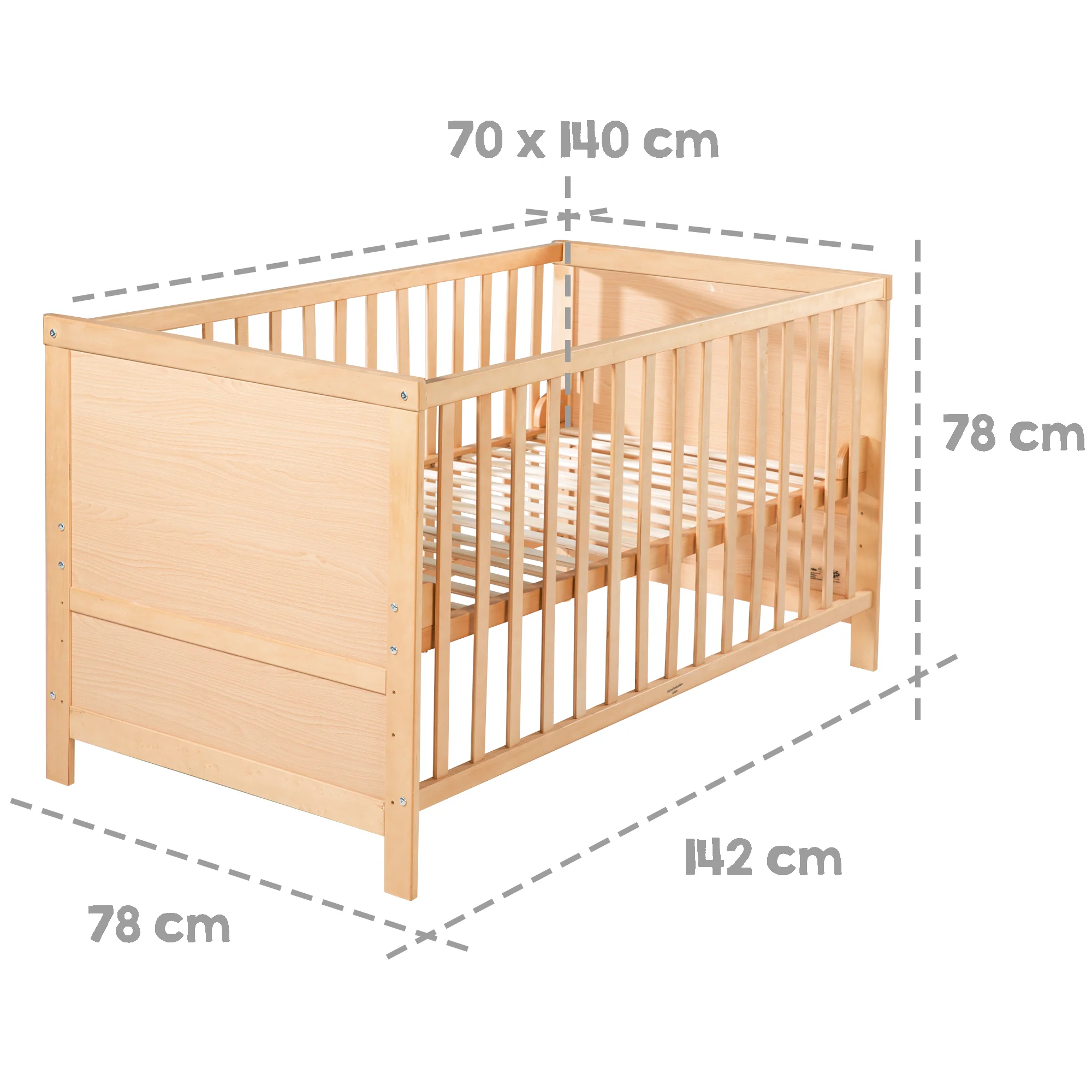 Kombi-Kinderbett, 70 x 140 cm, natur, 3-fach verstellbar, Schlupfstäbe, umbaubar zum Juniorbett - Image 4