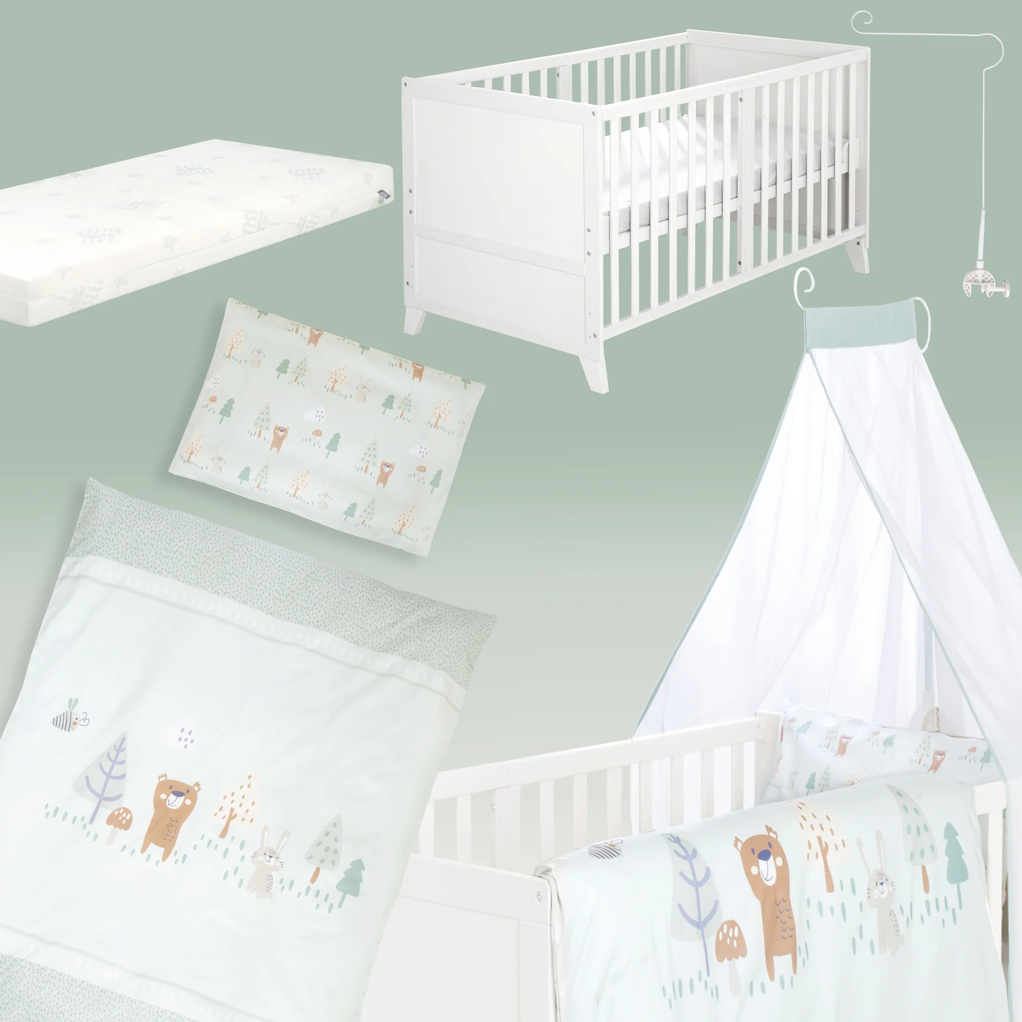 Babybettset 'Wooland Buddies' 70 x 140 inkl. kompletter Ausstattung - Weiß / Pastellgrün - Image 3