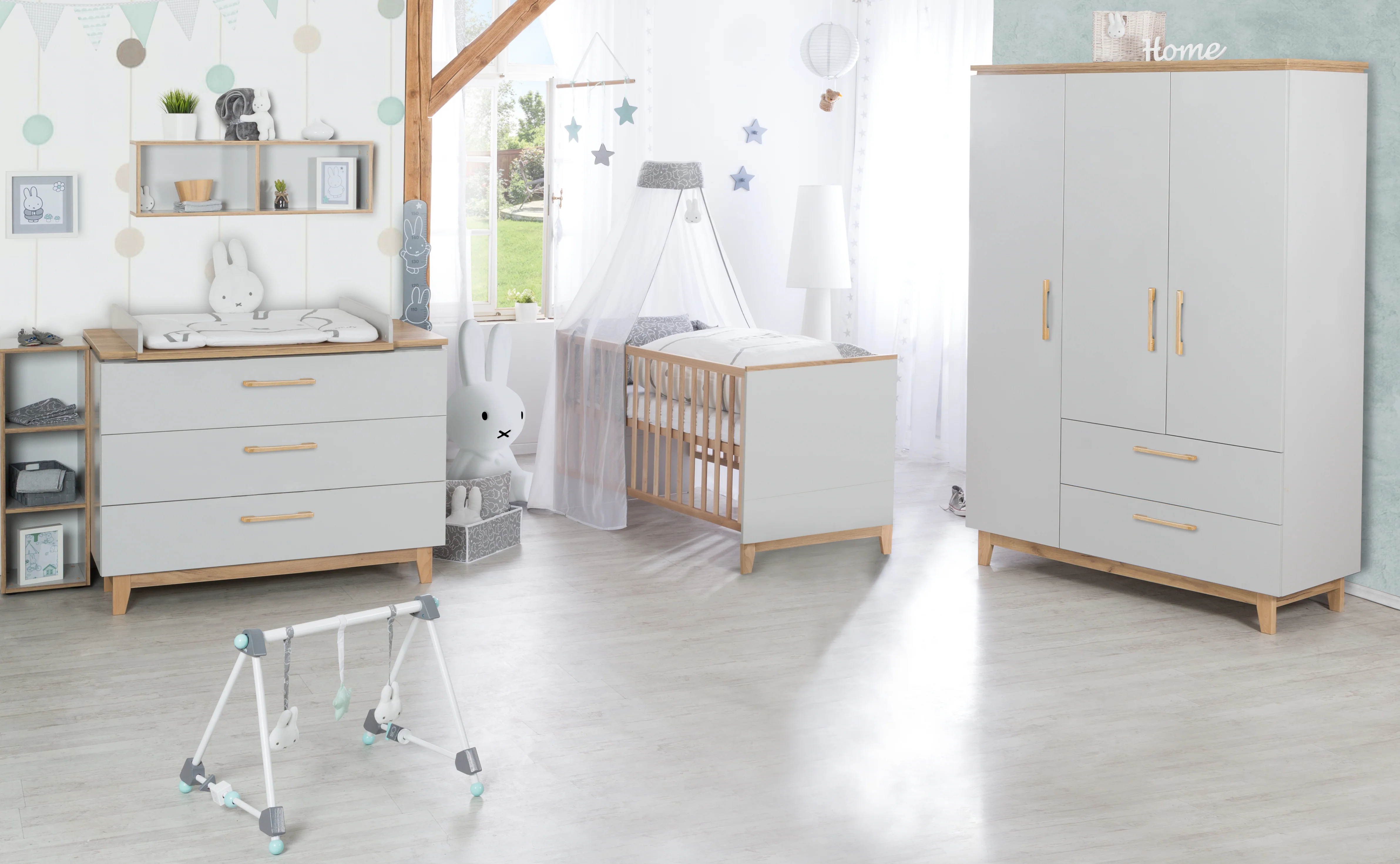 Kinderzimmerset 'Caro', inkl. Kombi-Bett 70 x 140 cm, Wickelkommode & 3-türigem Schrank, Lichtgrau/Goldeiche - Image 3