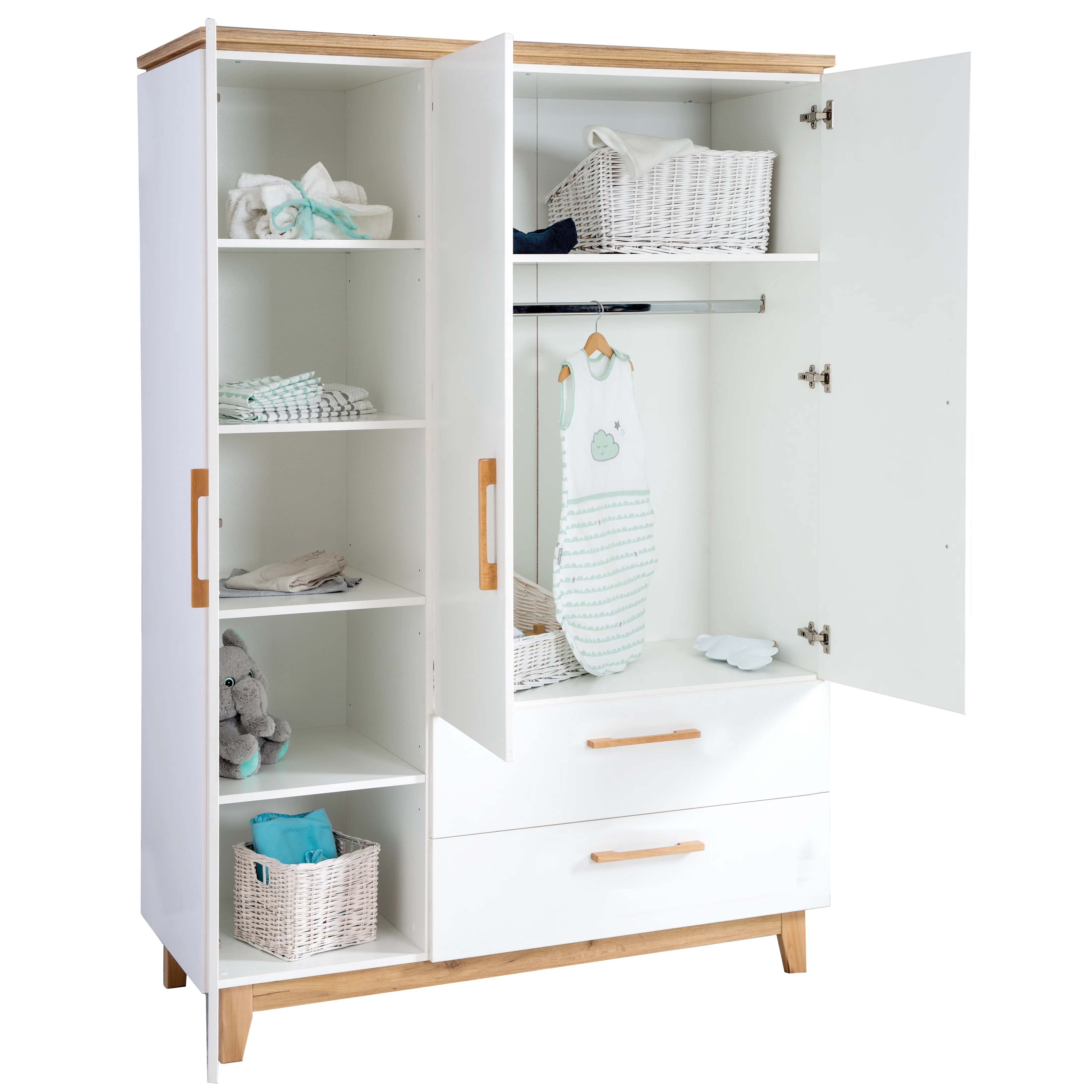 Zimmerset 'Finn' inkl. Kombi-Bett 70 x 140 cm, Wickelkommode & 3-türigem Schrank, Weiß/ Goldeiche - Image 7