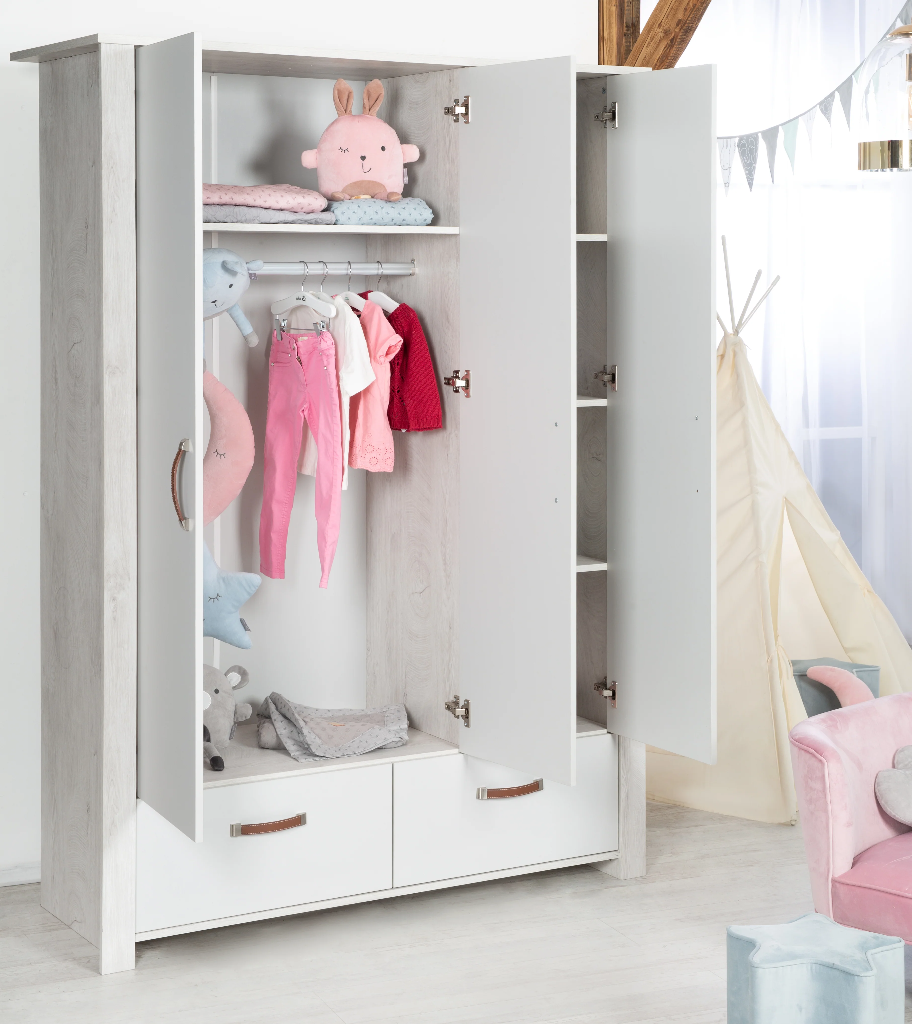 Kinderzimmerset 'Mila', inkl. Kombi-Bett 70 x 140 cm, Wickelkommode & 3-türigem Schrank, grau/weiß - Image 14