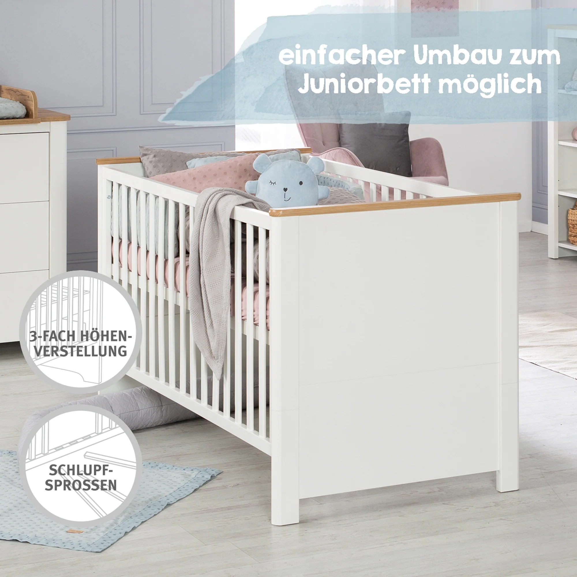 Möbelset 'Ava‘ 2-teilig, inkl. Kombi-Kinderbett 70 x 140 cm & Wickelkommode schranktief - Image 9