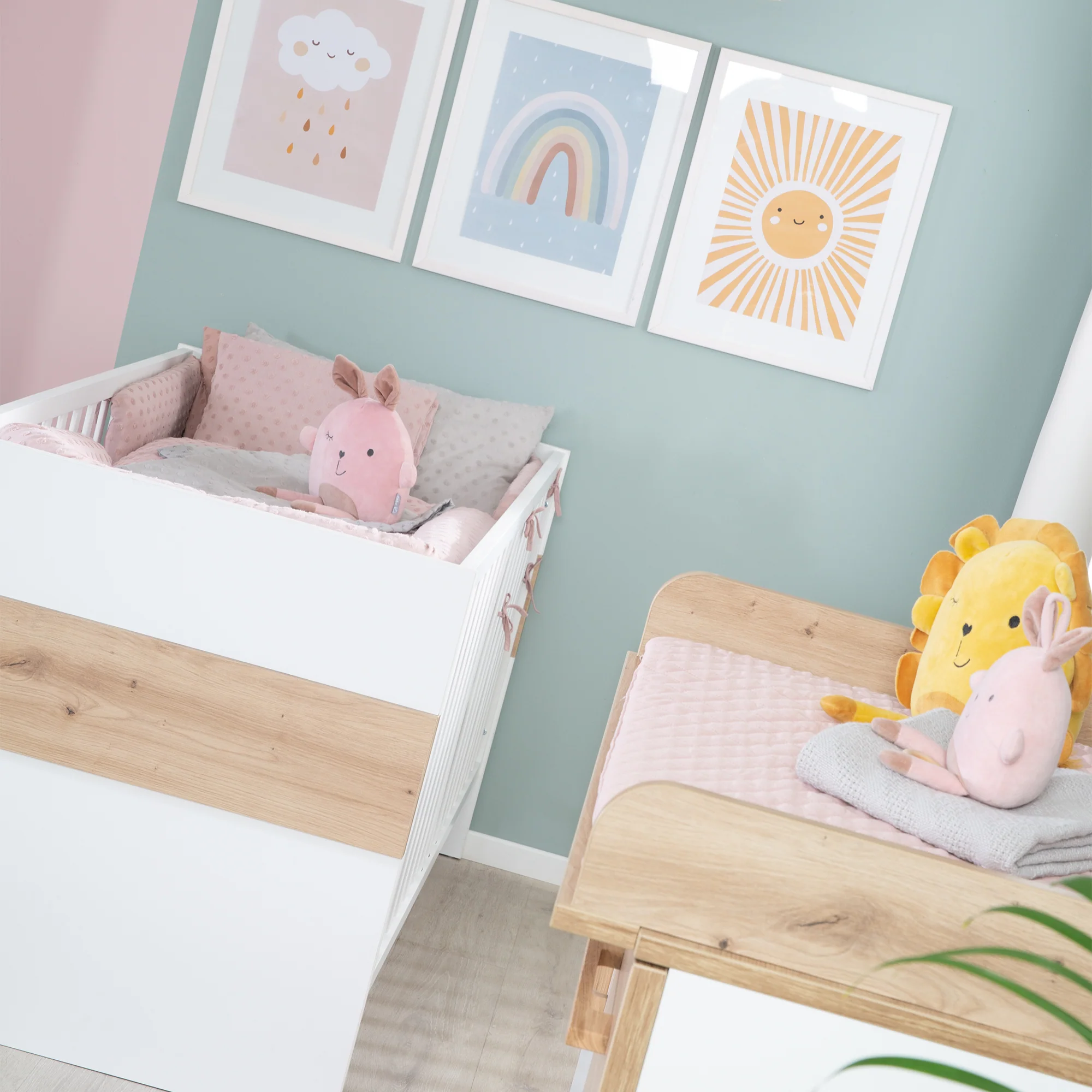 Möbelset 'Lion 2-teilig - Kombi-Kinderbett 70x140 + Wickelkommode breit - Weiß - Dekor 'Artisan Eiche' - Image 5