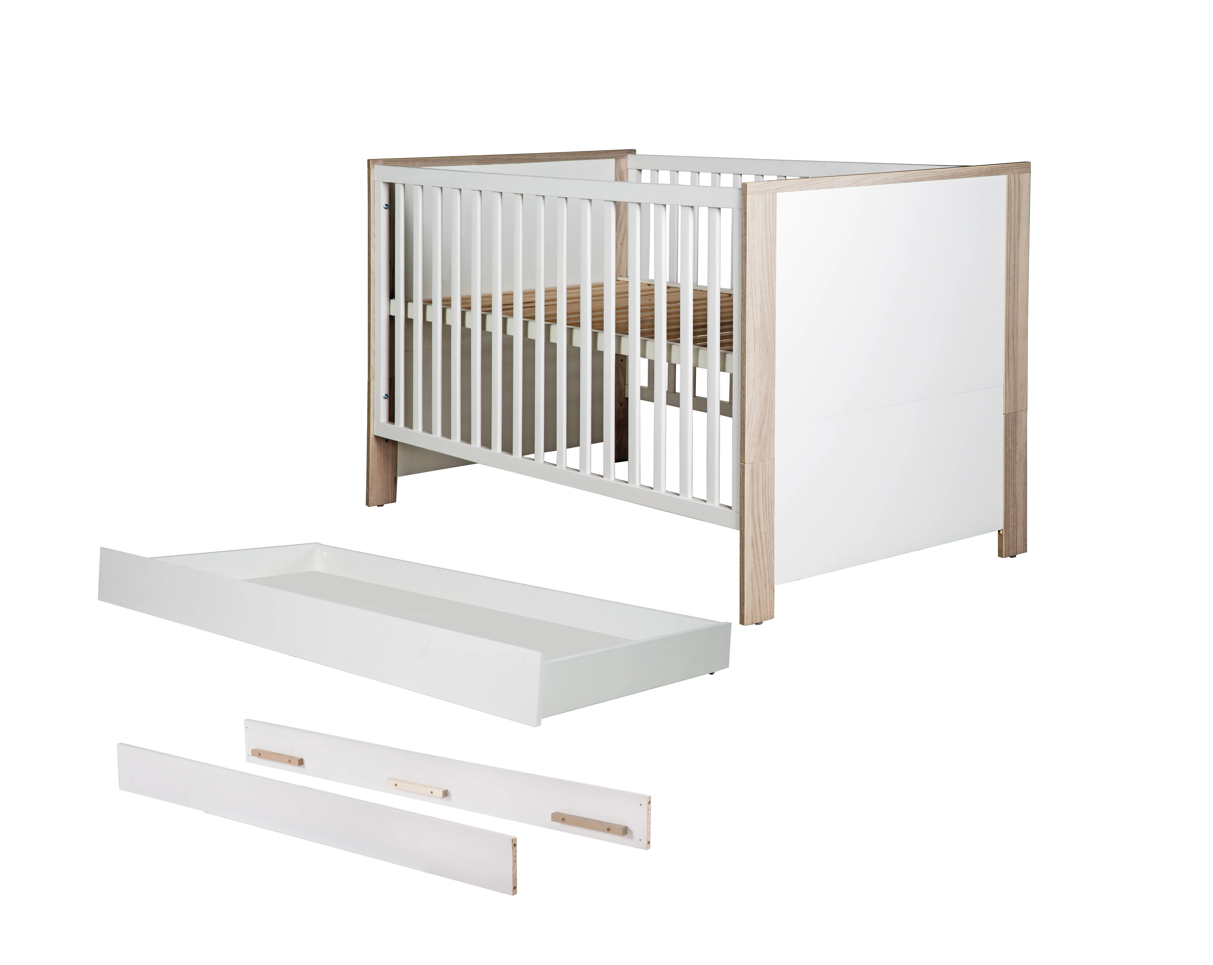 Bettset 'Olaf' inkl. Kombi-Bett 70 x 140 cm, Umbauseiten & Bettkasten, Luna Elm/weiß