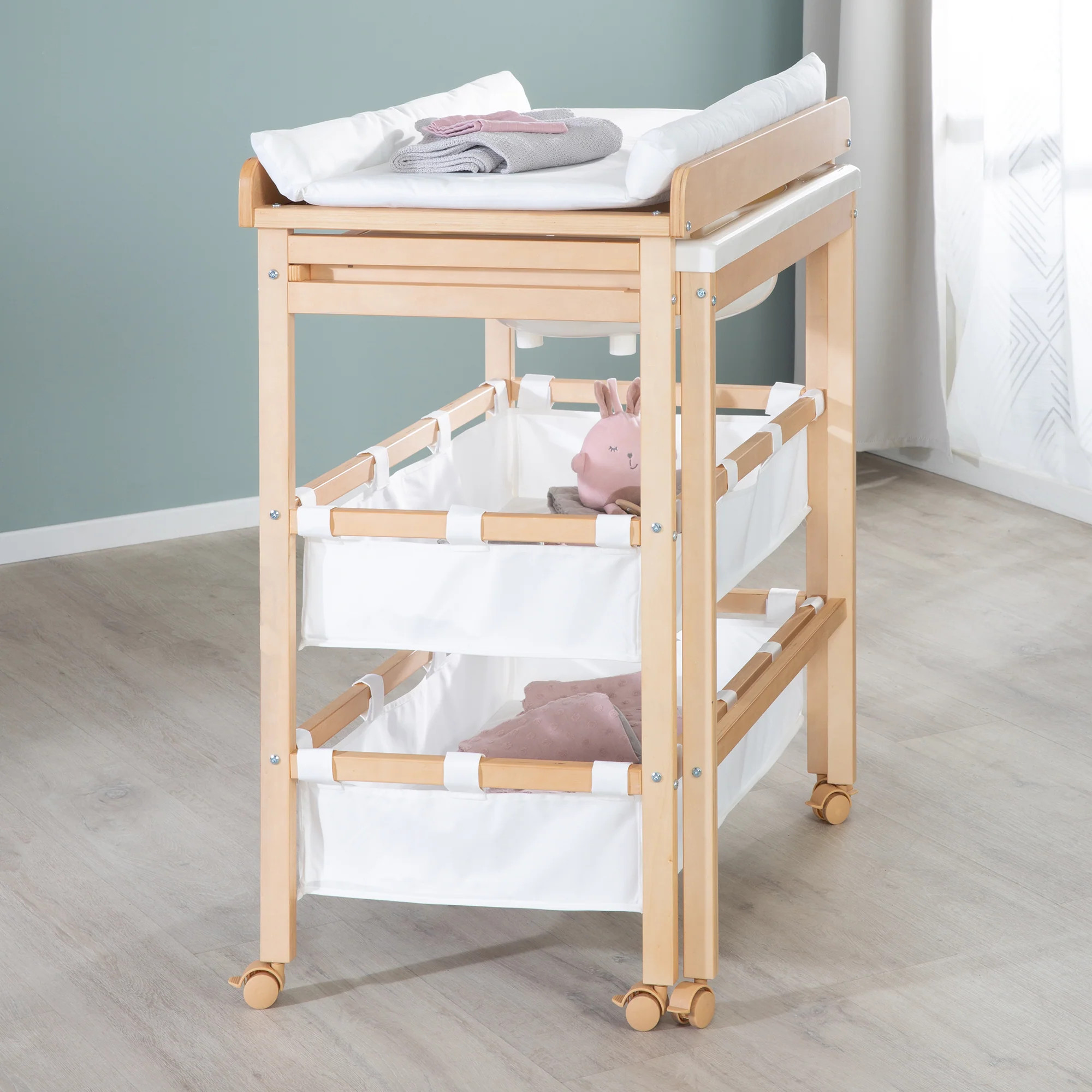Bade-Wickel-Kombi 'Baby Pool', ausziehbar Tisch mit Badewanne, Holz natur, Auflage weiß - Image 5