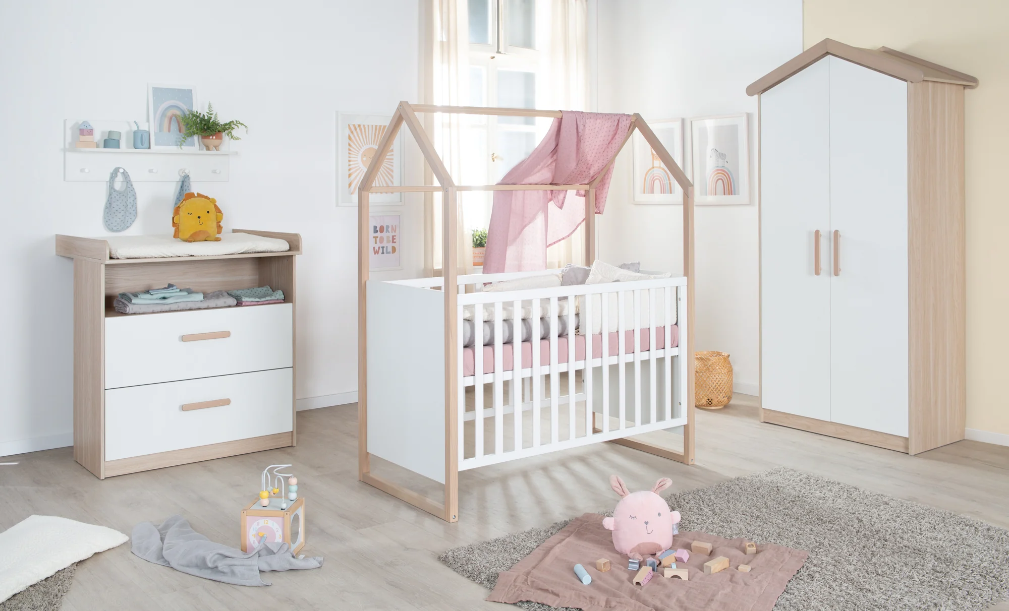 Kinderkleiderschrank 'Cabane' 2-türig in Hausoptik - Weiß / Eichen-Dekor - Image 6