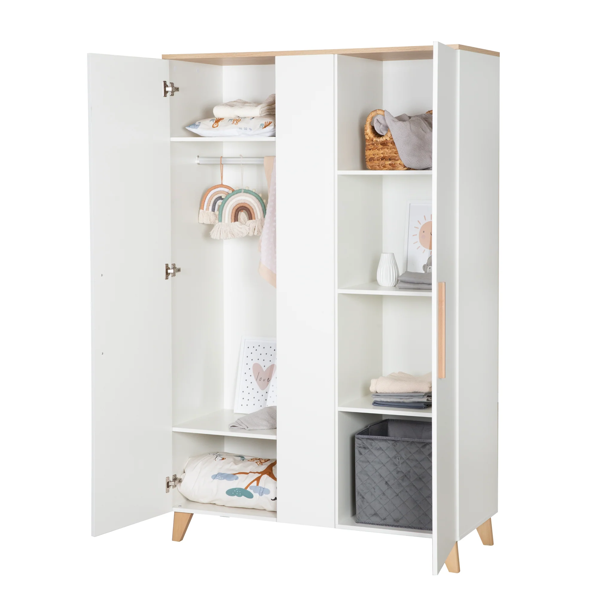 Kleiderschrank 'Leon' 2,5-türig - Soft-Close Türen & Massivholzfüße - Weiß / Othello Eiche - Image 11