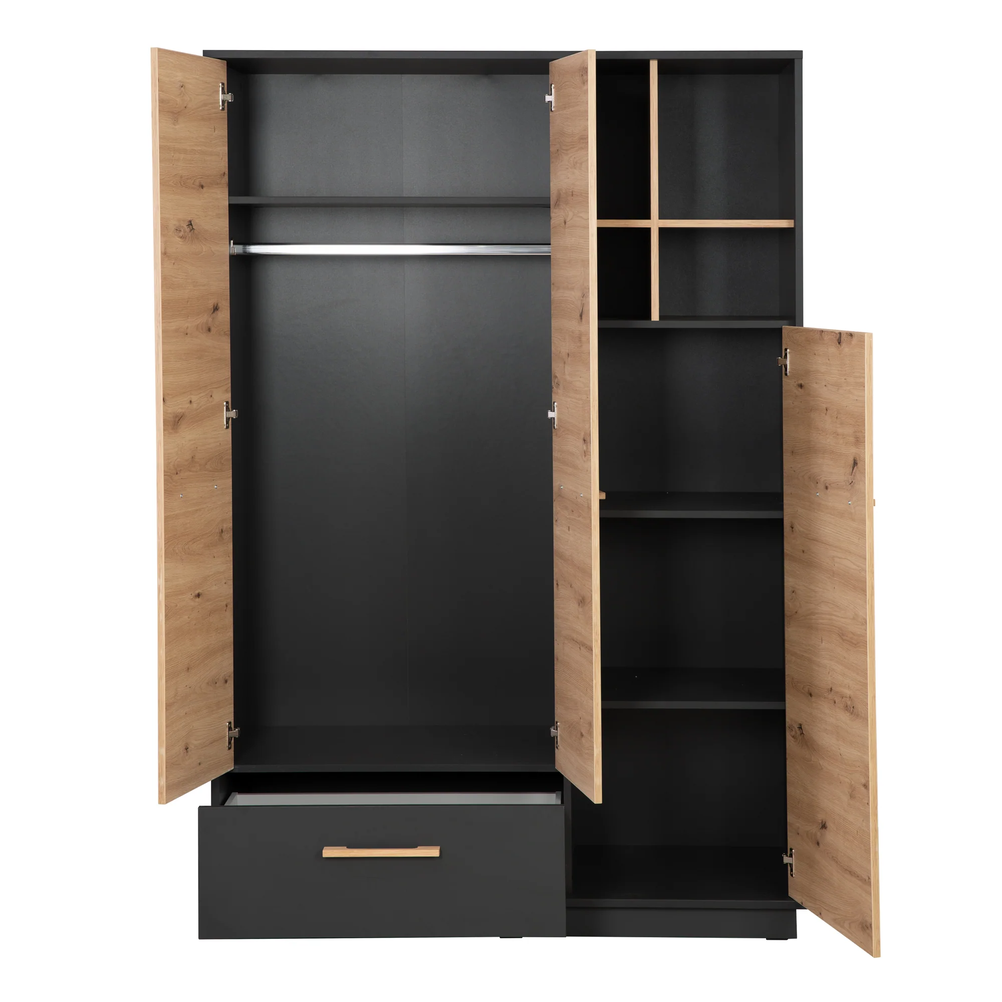 Kleiderschrank 'Lenn' 3-türig - Anthrazit - Holzdekor 'Artisan Eiche' - Massivholzgriffe - Image 5