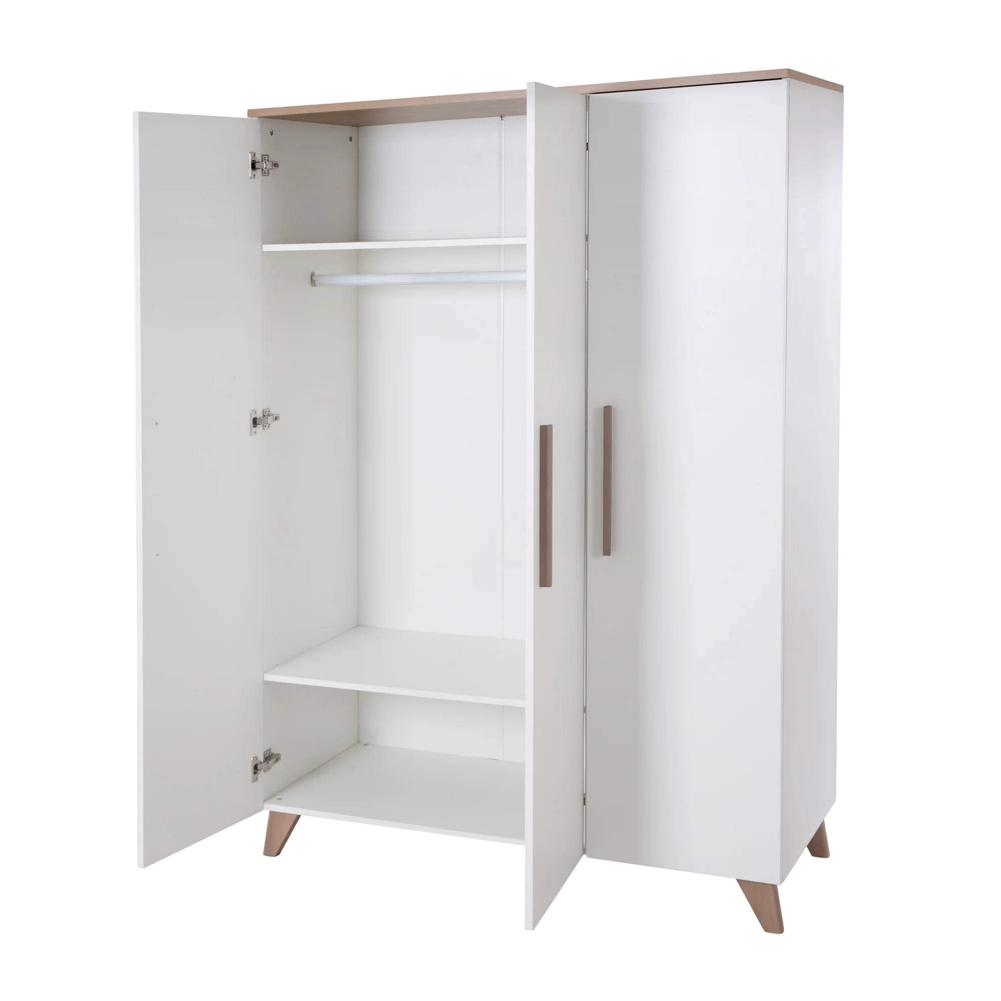 Kleiderschrank 'Ole' 3-türig mit Holzgriffe & -füßen - Weiß / Eichen-Dekor - Image 4