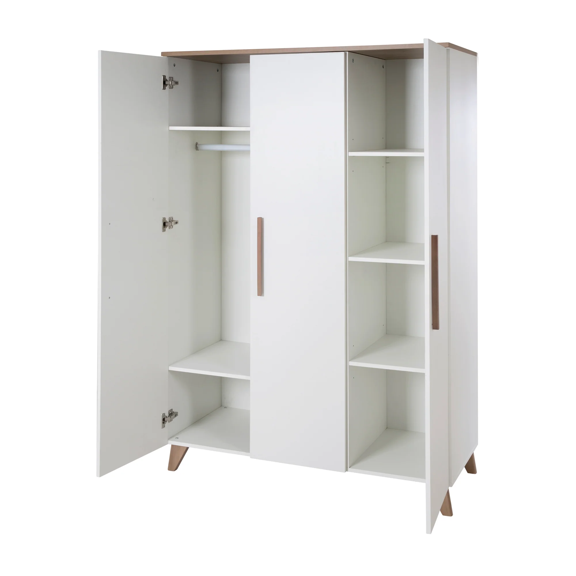 Kleiderschrank 'Ole' 3-türig mit Holzgriffe & -füßen - Weiß / Eichen-Dekor - Image 5
