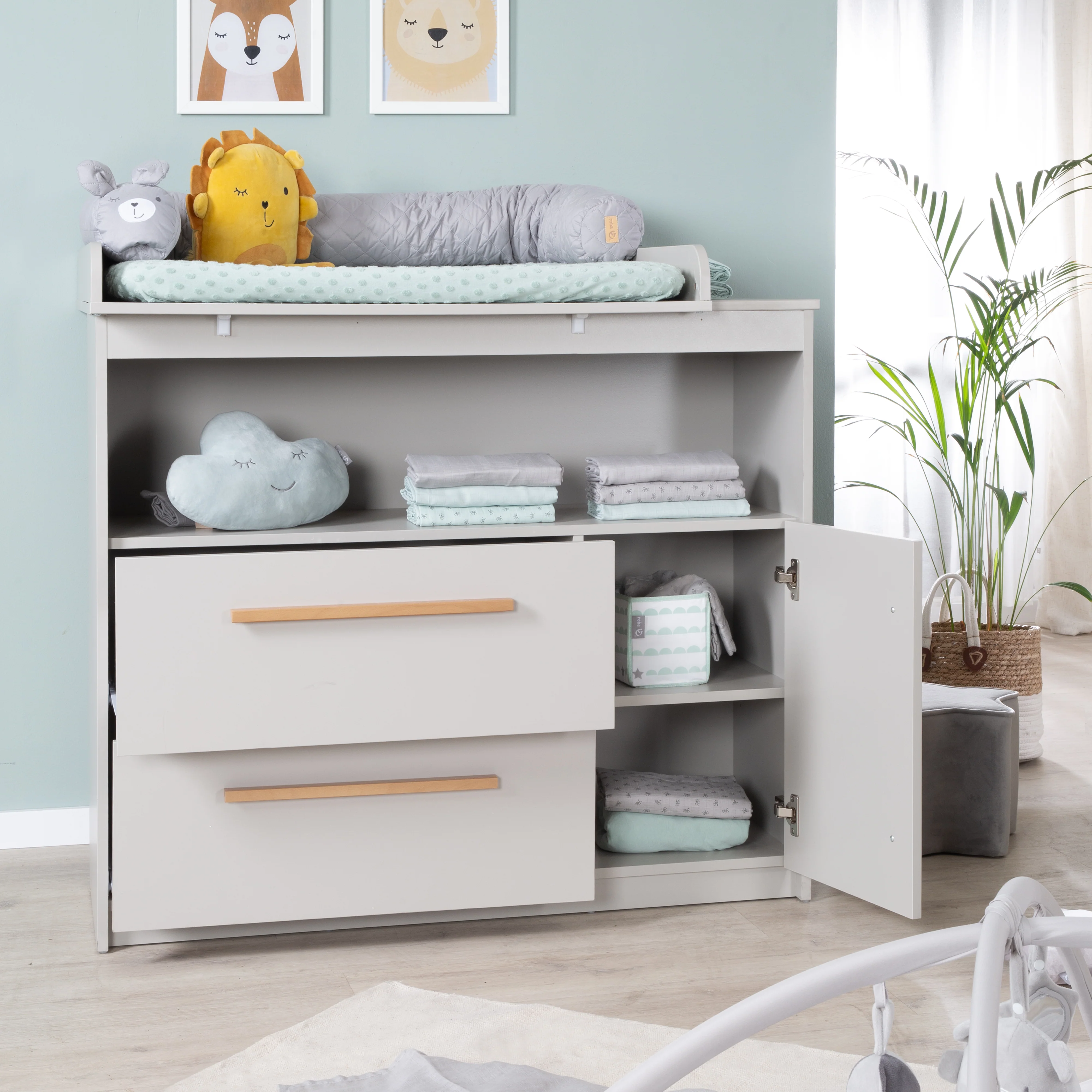 Wickelkommode Lea inkl. Wickelaufsatz - Griffe aus Holz - Beige / Grau - Image 9