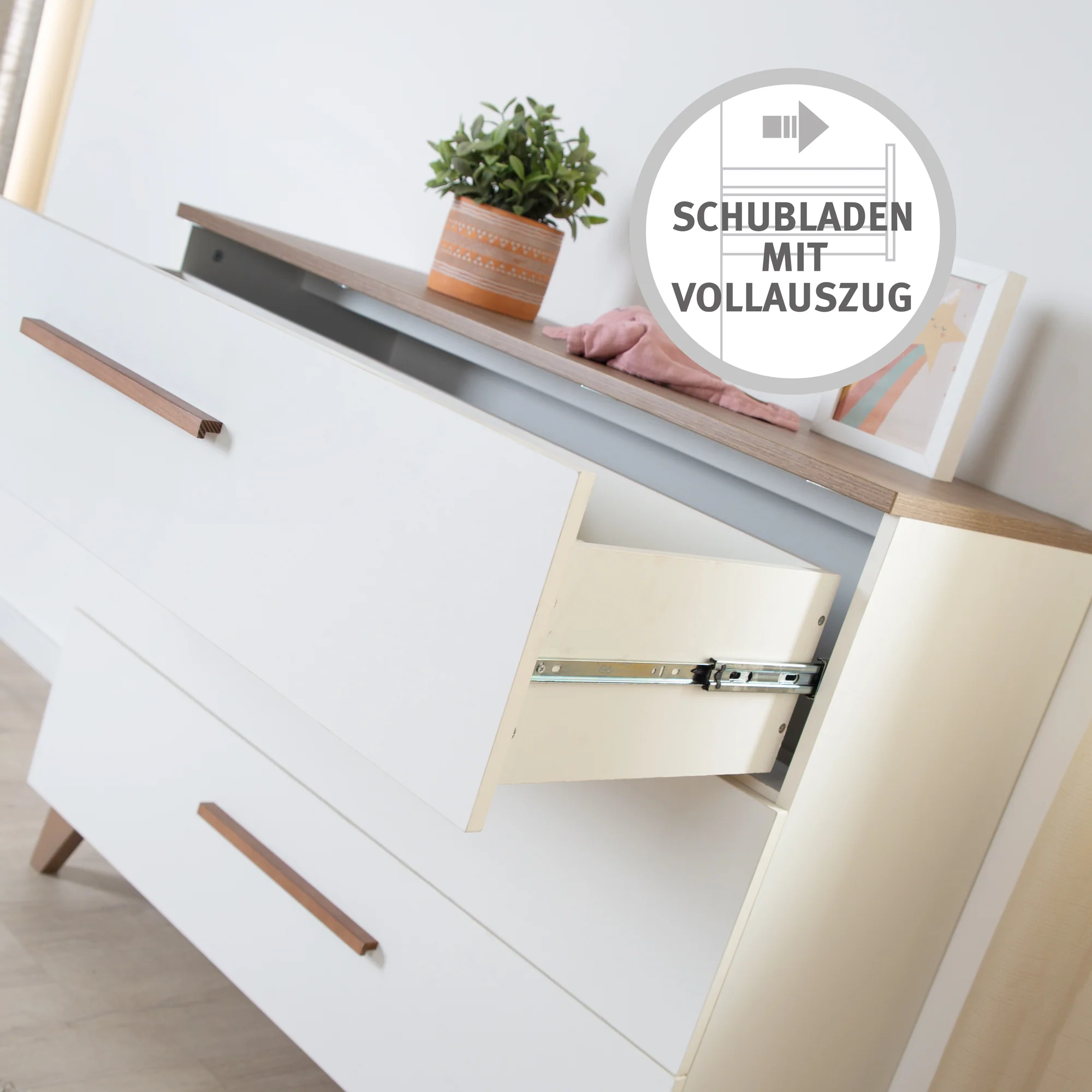 Wickelkommode 'Ole' - 3 Schubladen inkl. Holzgriffe & -füßen - Eiche / Weiß - Image 14