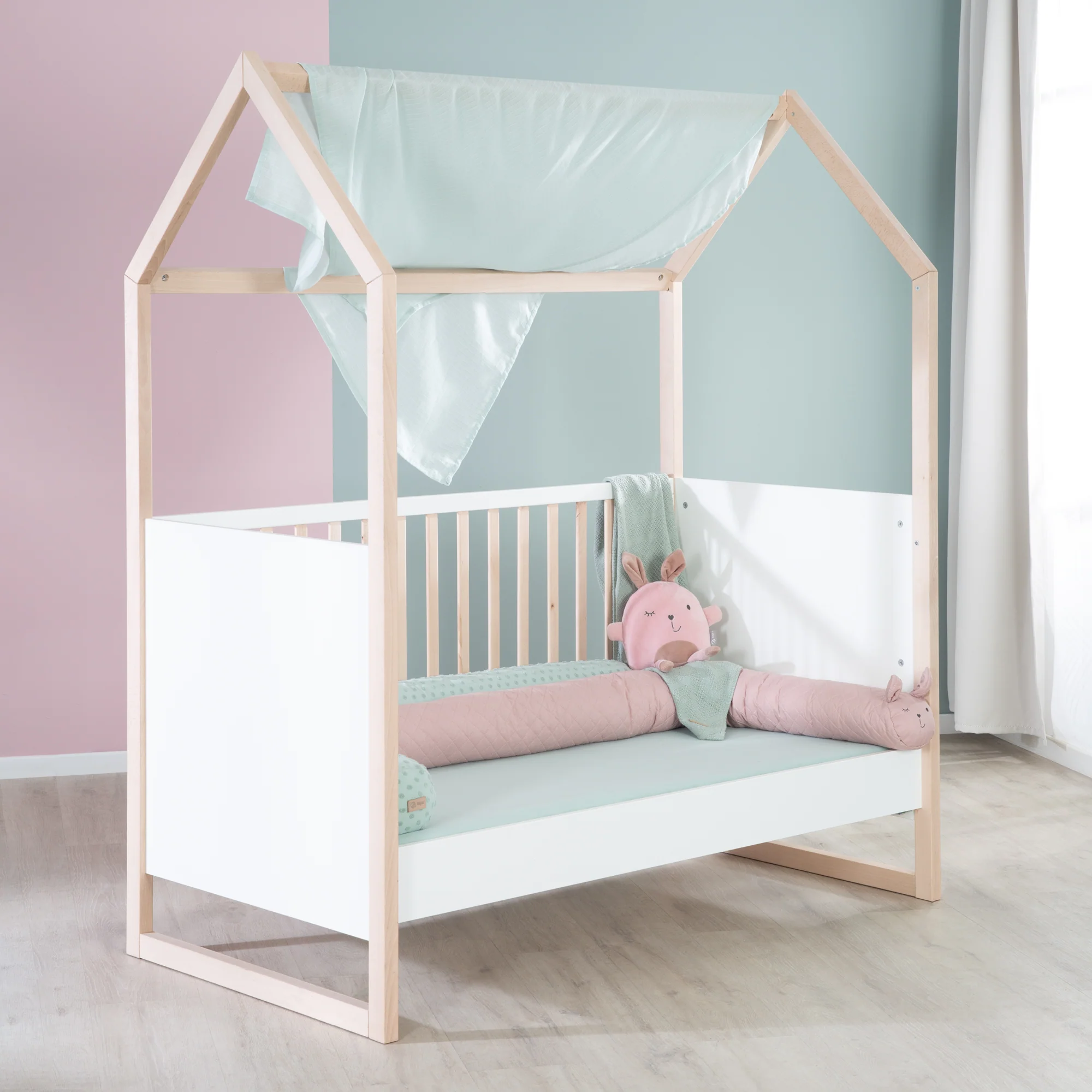 Hausbett 70x140 cm - Höhenverstellbar - Umbaubar - Buche natur - Holz weiß - Image 8
