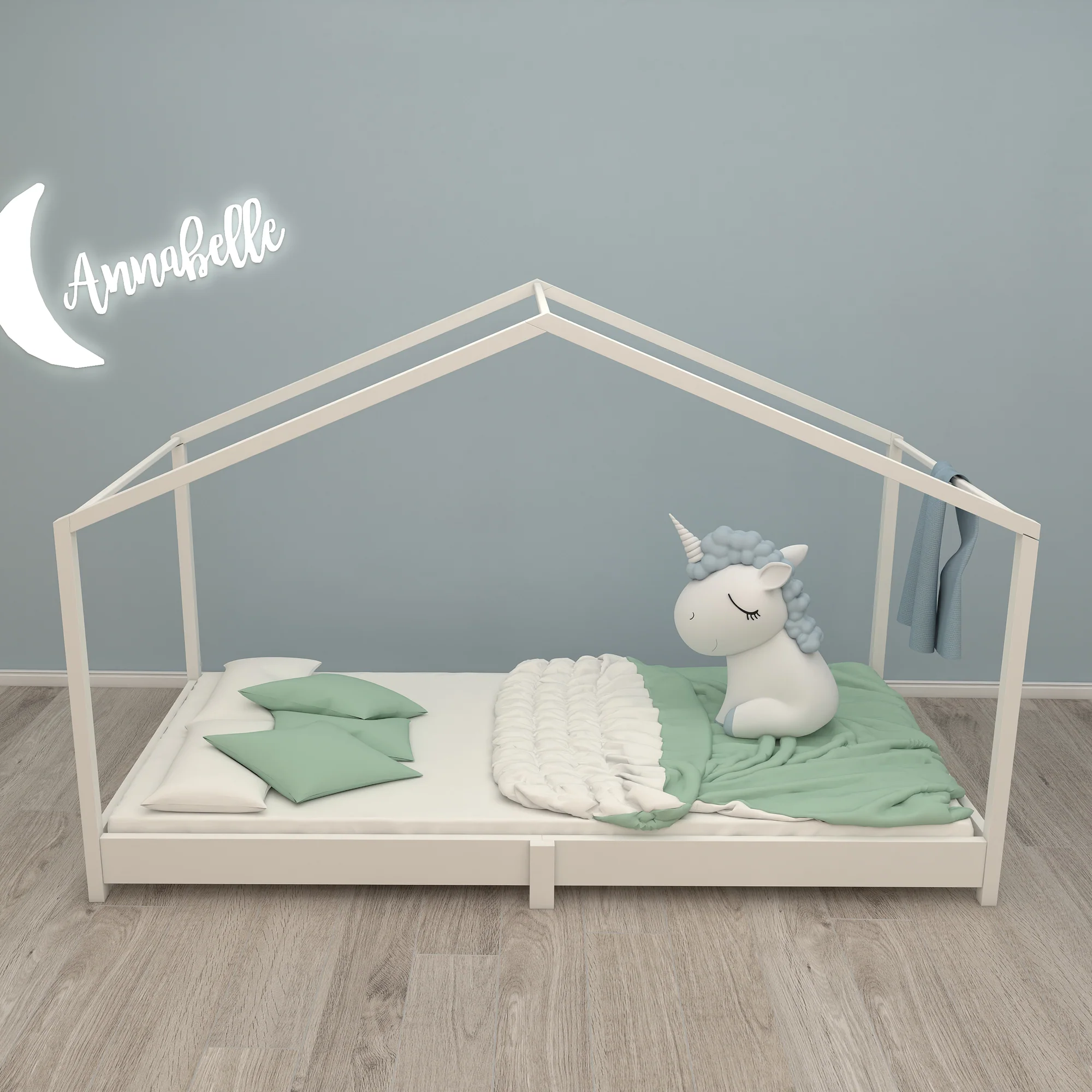 Hausbett 90 x 200 cm - Bodenbett für Kinder nach Montessori Prinzip - Holz weiß - Image 7