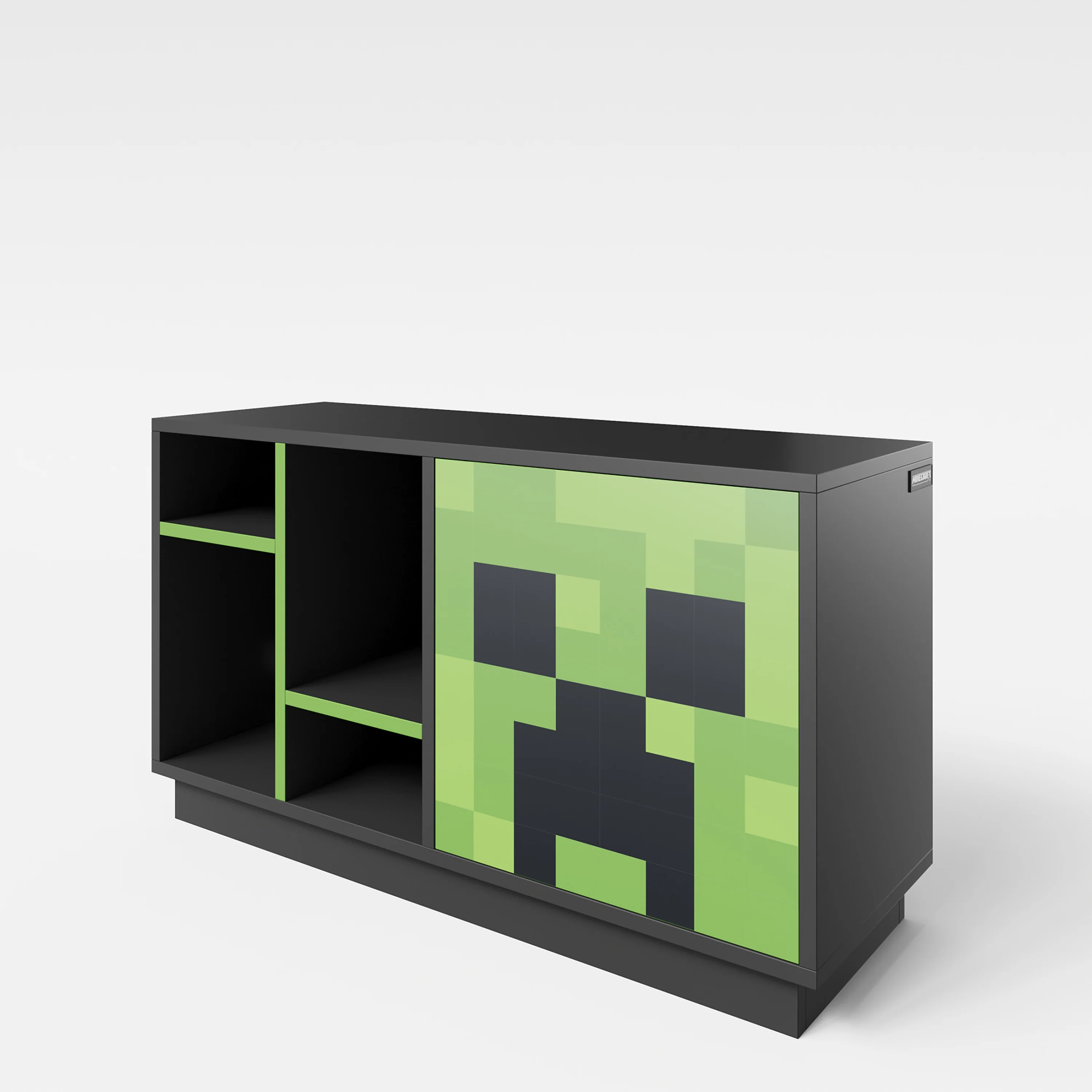 TV-Lowboard 'Minecraft' mit Tür mit Push-Open und 4 offenen Fächern - Schwarz / Grün - Image 3