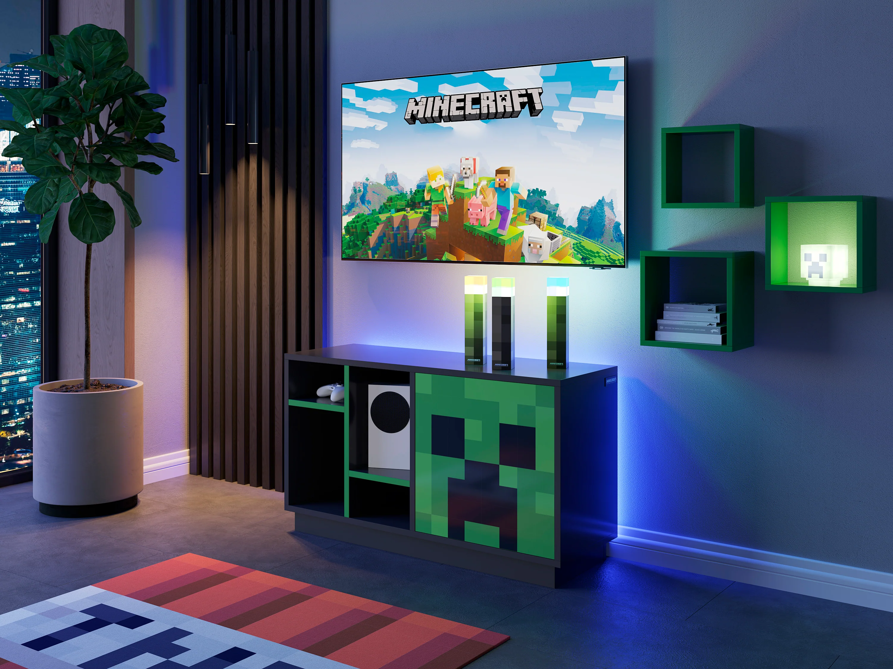 TV-Lowboard 'Minecraft' mit Tür mit Push-Open und 4 offenen Fächern - Schwarz / Grün - Image 6