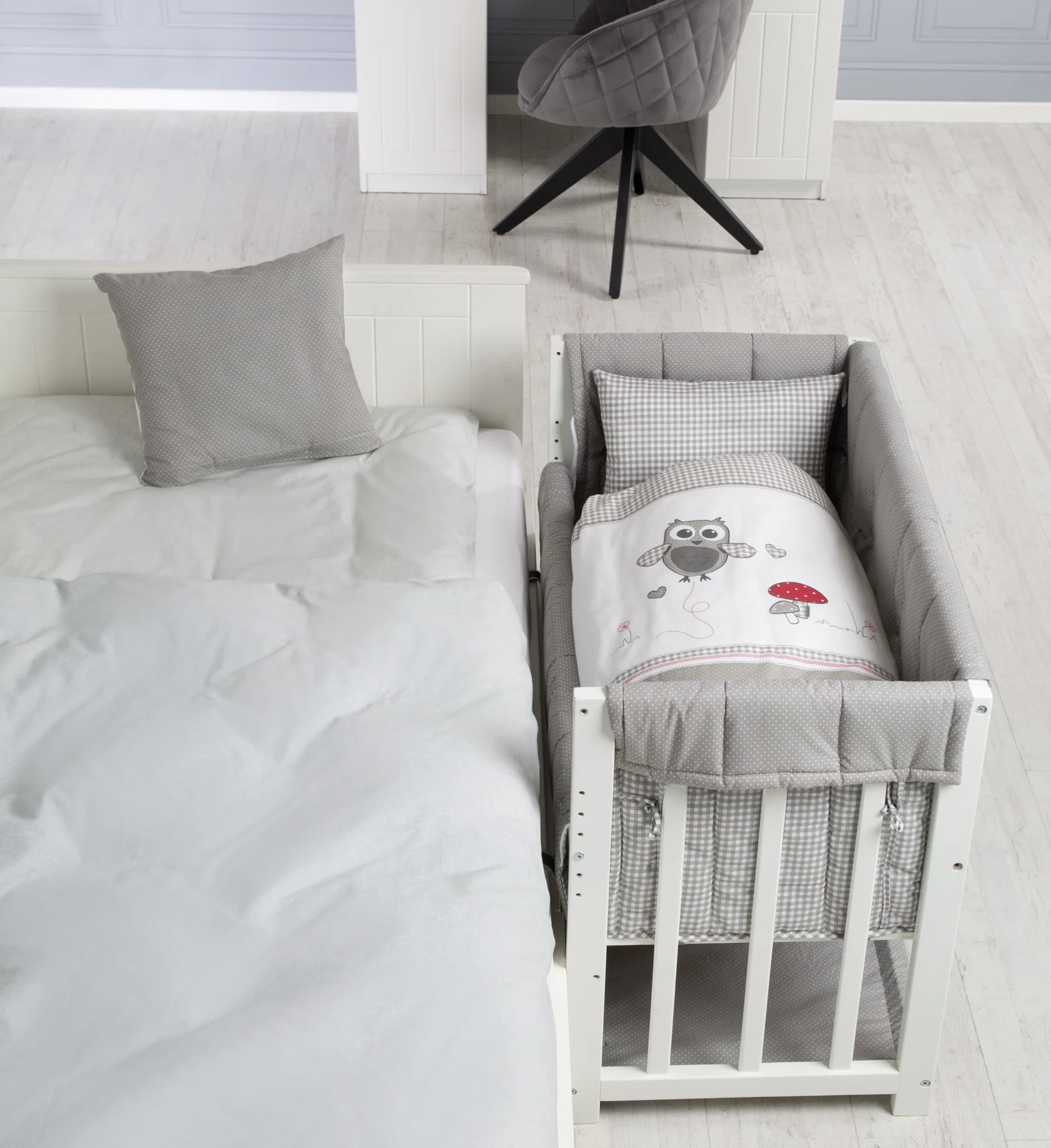 Stuben- & Beistellbett 'Adam & Eule' 4 in 1, Babybett, Wiege & Kinderbank, weiß - Image 11