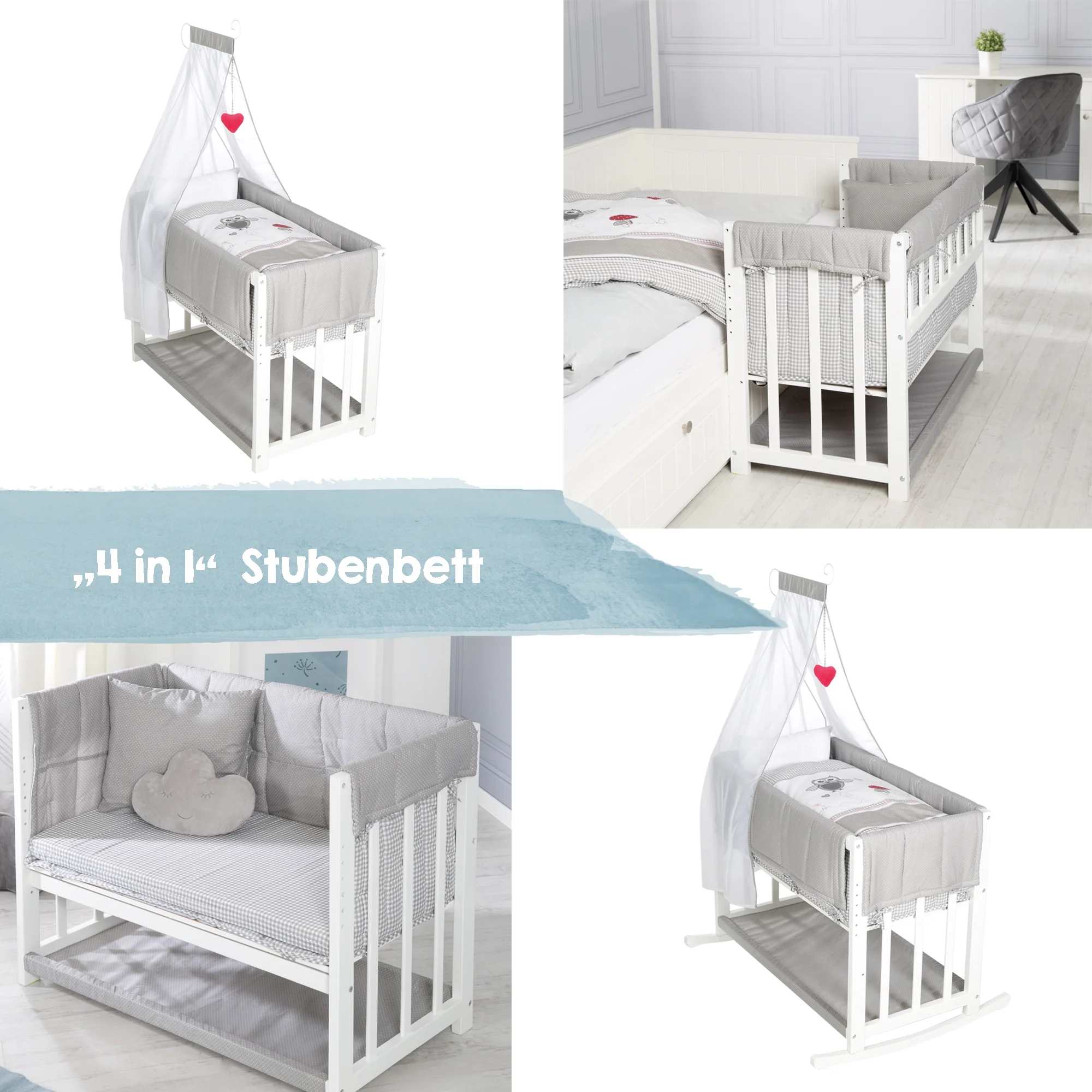 Stuben- & Beistellbett 'Adam & Eule' 4 in 1, Babybett, Wiege & Kinderbank, weiß - Image 12