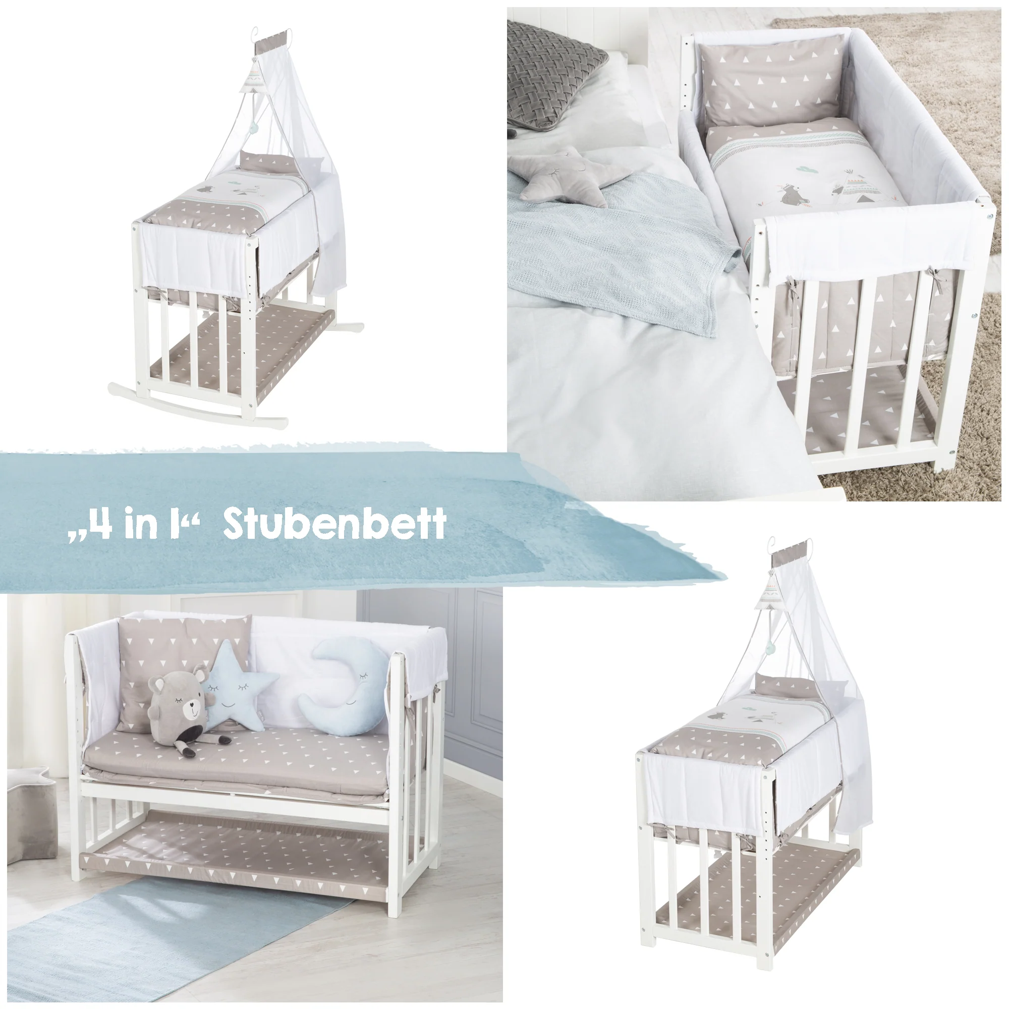 Stuben- & Beistellbett 'Indibär' 4 in 1, Babybett, Wiege & Kinderbank, weiß - Image 11