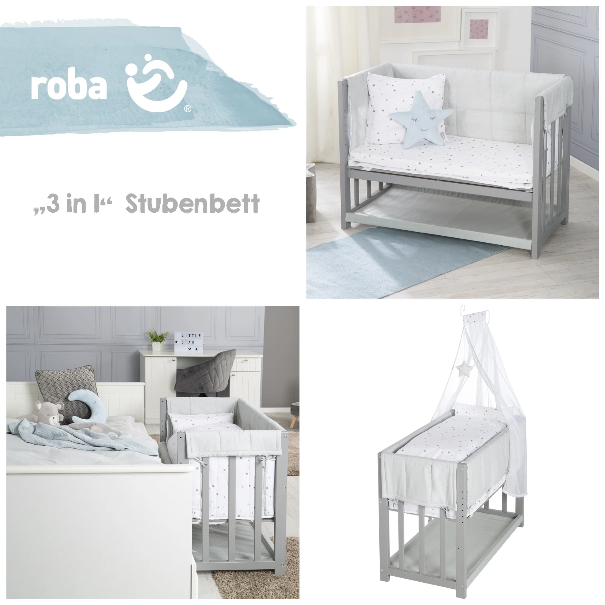 Stuben- & Beistellbett 'Sternenzauber grau' 3 in 1, Babybett grau, inkl. kompletten Bettzubehör - Image 10