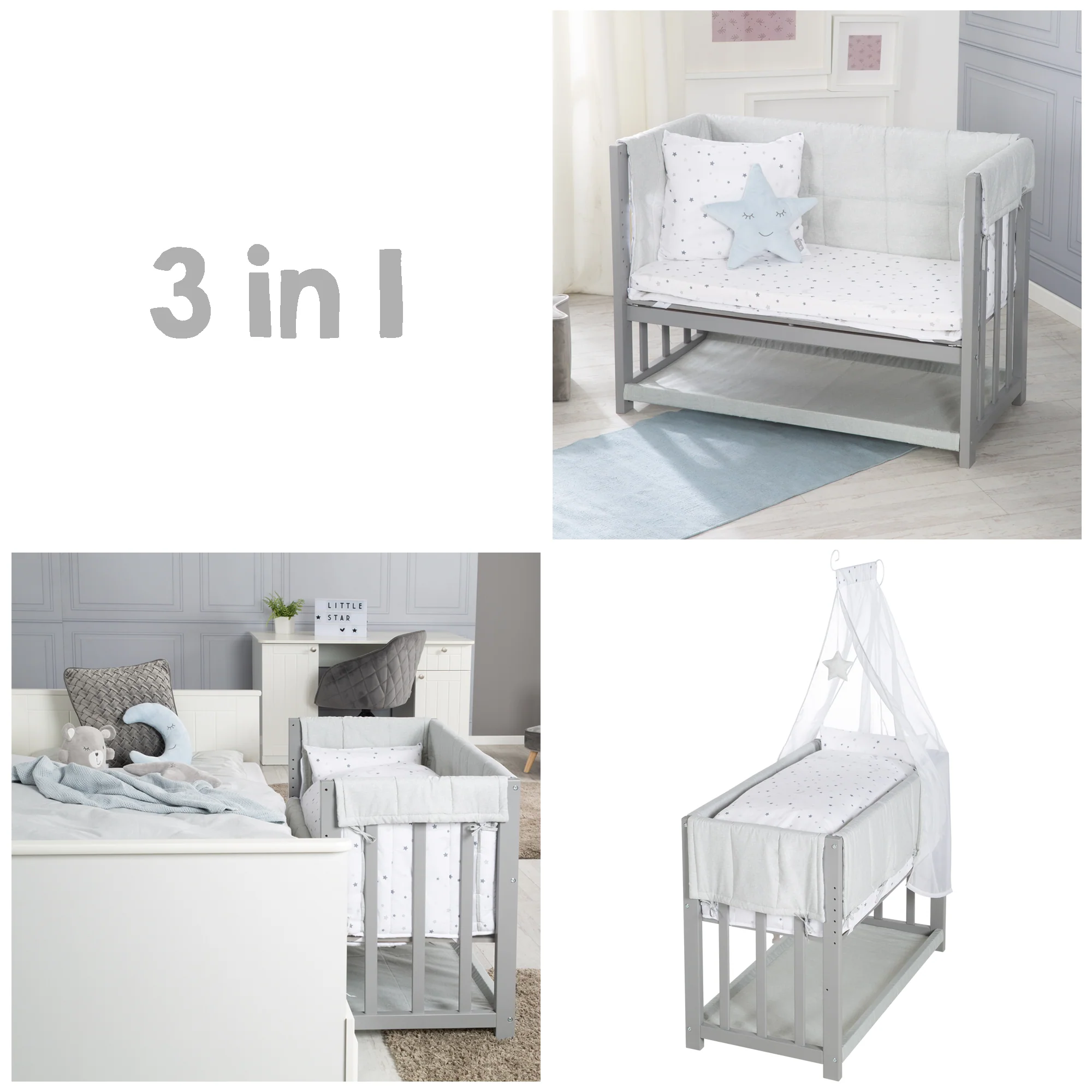 Stuben- & Beistellbett 'Sternenzauber grau' 3 in 1, Babybett grau, inkl. kompletten Bettzubehör - Image 6