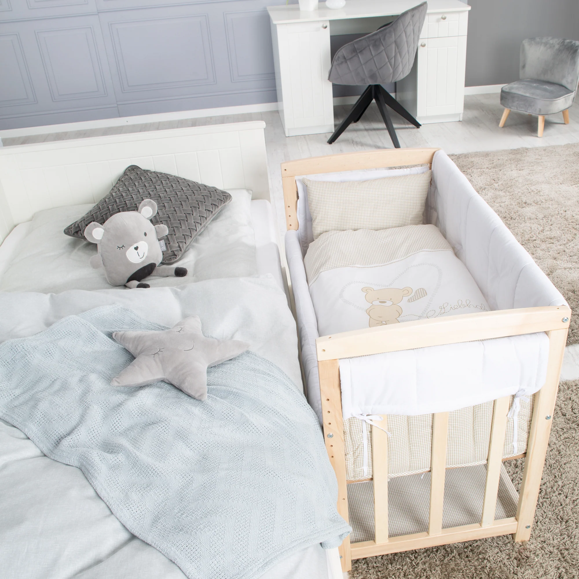 Stuben- & Beistellbett 'Liebhabär' 4 in 1, Babybett, Wiege & Kinderbank aus Buchenholz - Image 3