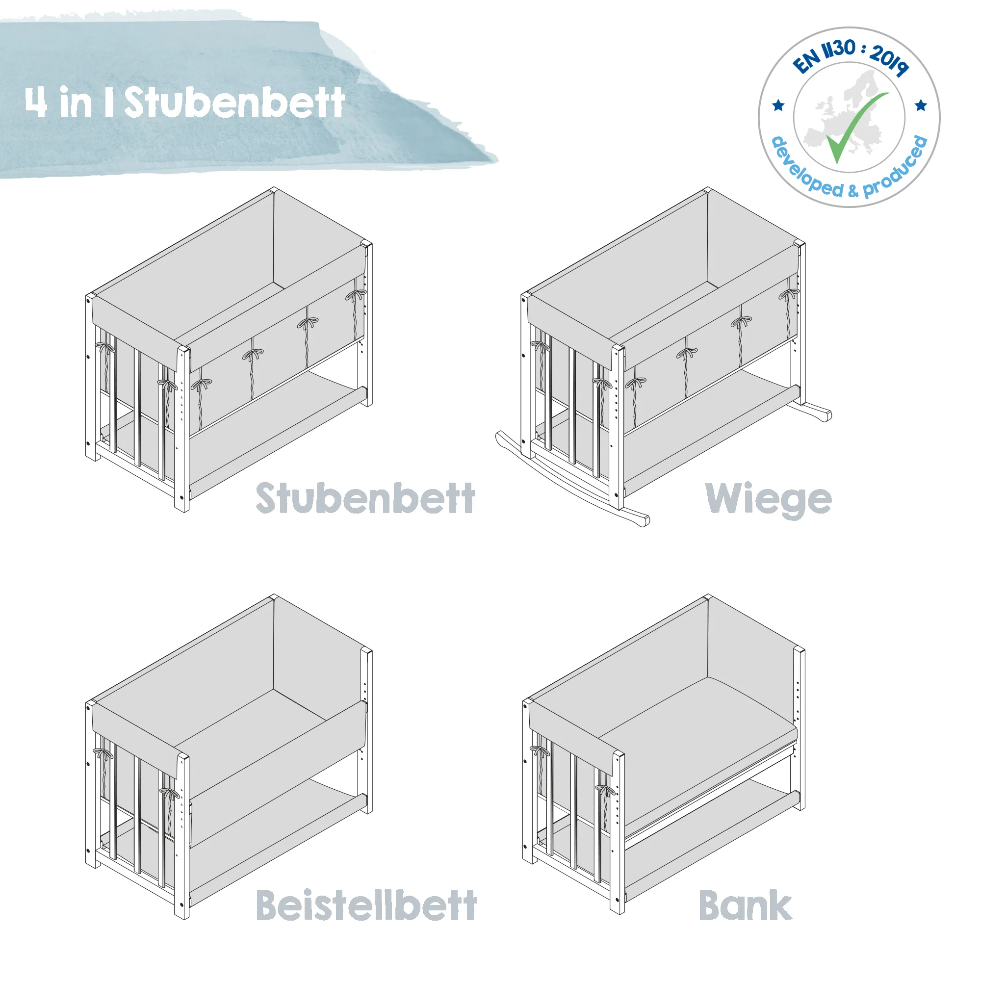Stuben- & Beistellbett 'Liebhabär' 4 in 1, Babybett, Wiege & Kinderbank aus Buchenholz - Image 4