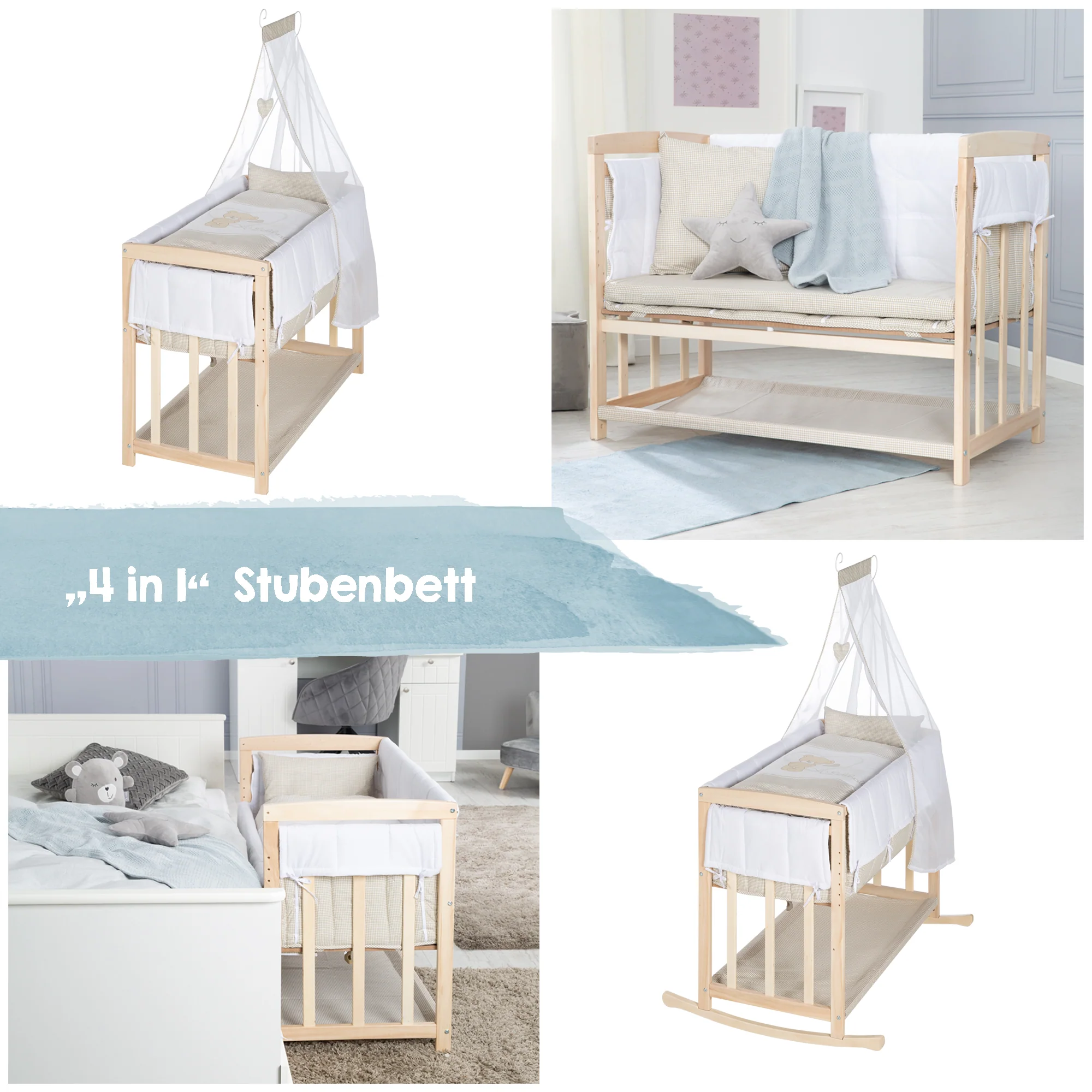 Stuben- & Beistellbett 'Liebhabär' 4 in 1, Babybett, Wiege & Kinderbank aus Buchenholz - Image 7