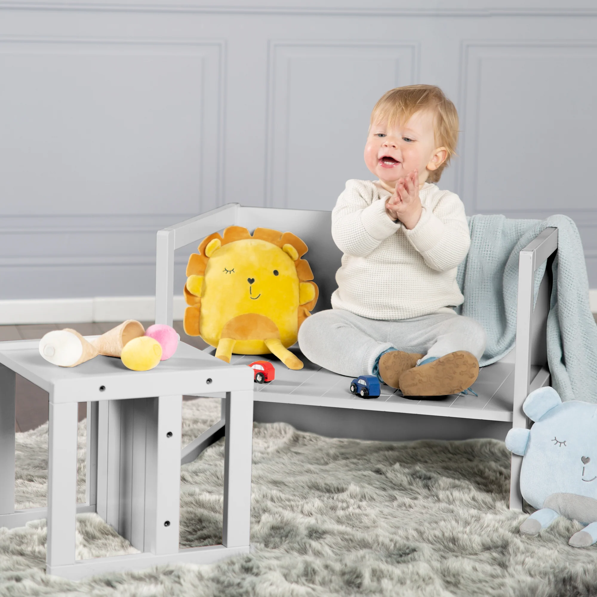 Sitzhocker für Kinder im Landhausstil - Wendehocker mit 3 Sitzhöhen - Holz grau - Image 2