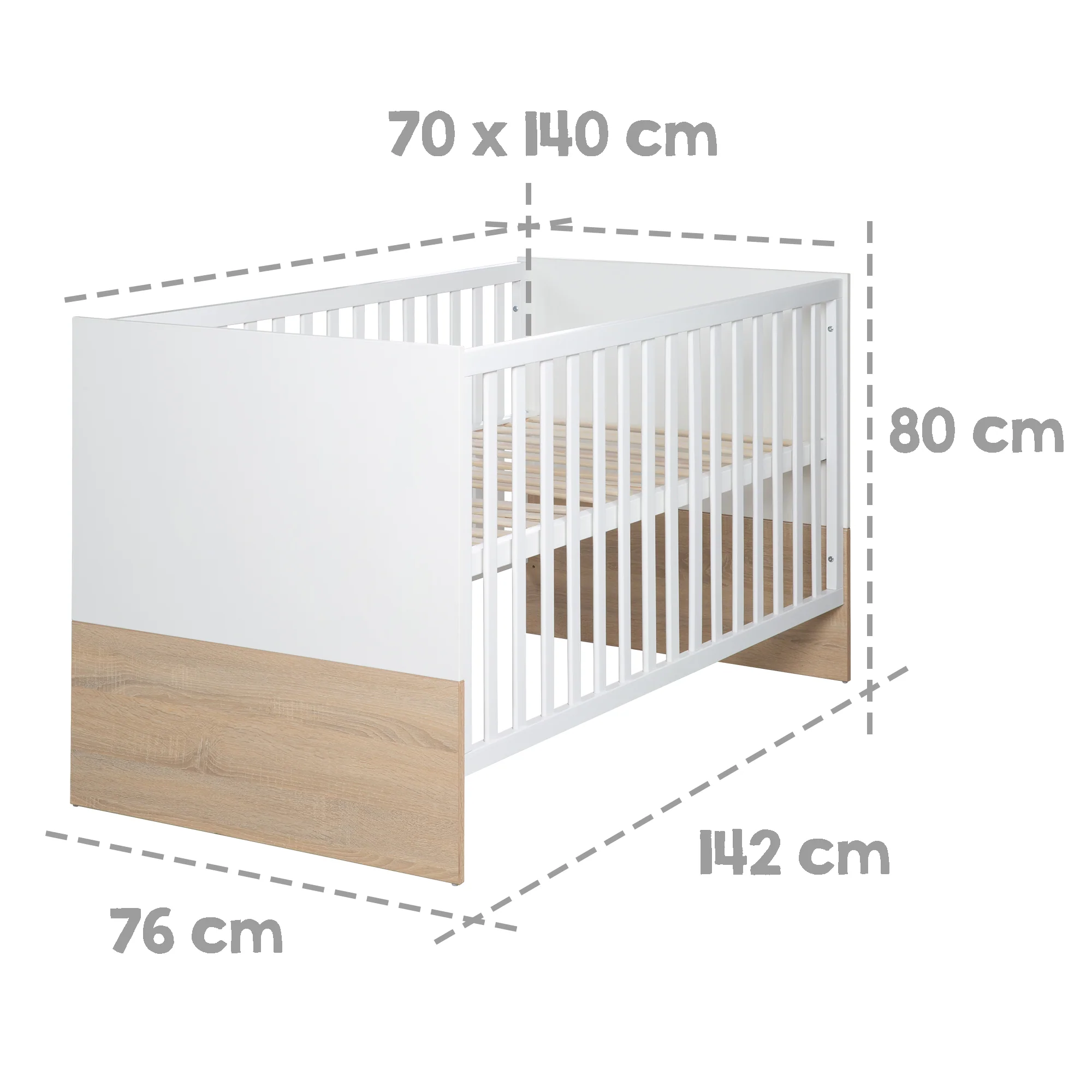 Möbelset 'Gabriella' 2-teilig - Bett 70x140 + Wickelkommode schmal - Weiß & Dekor Eiche - Image 9