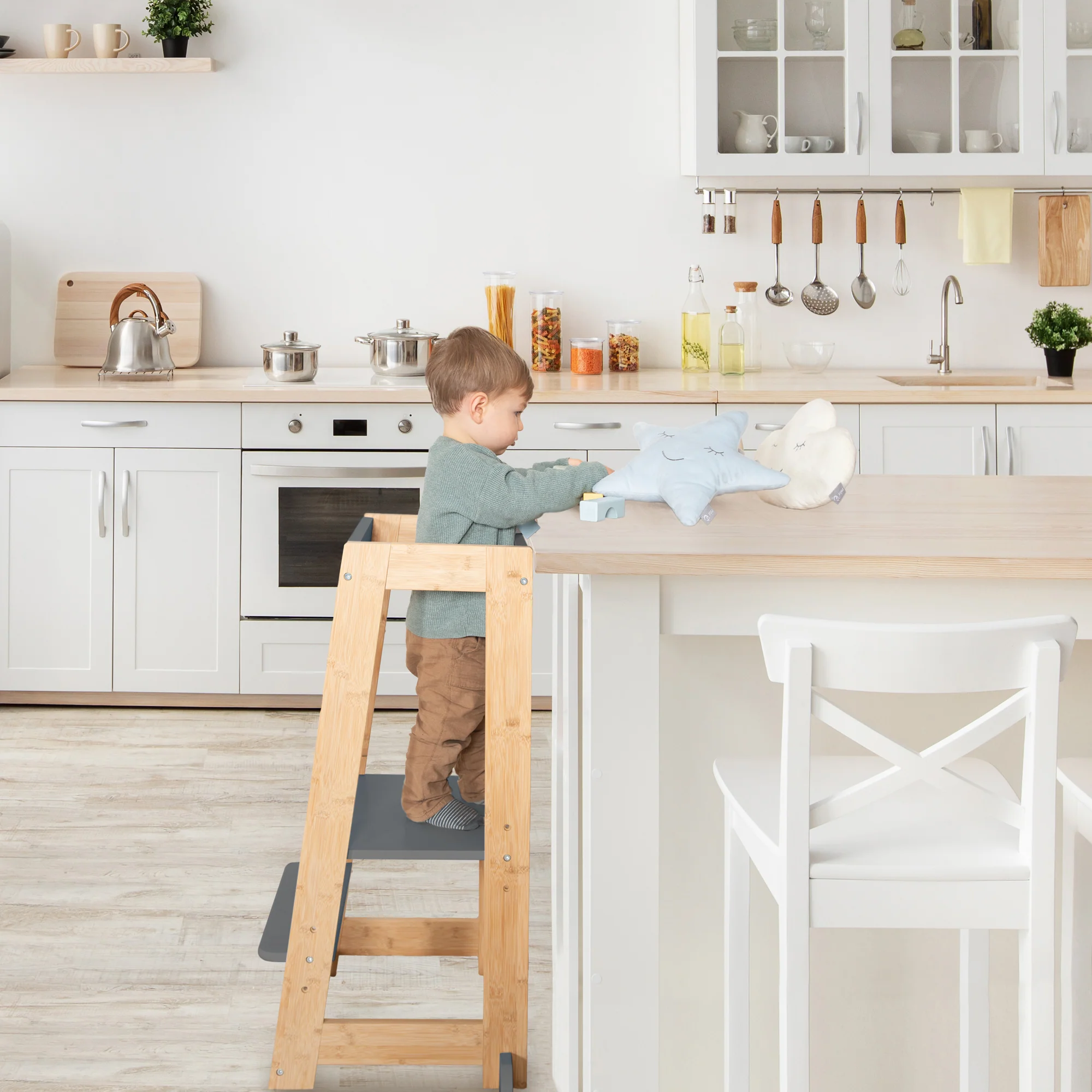 Lernturm für Kinder aus Holz - Bis 80 kg belastbar - Anthrazit / Bambus - Image 6
