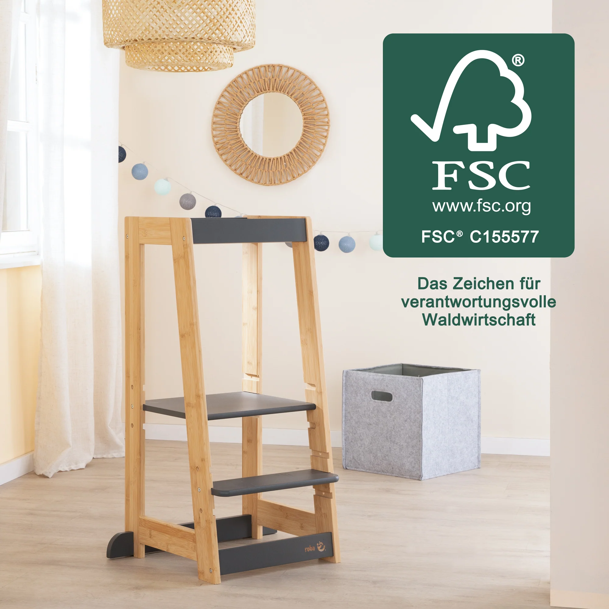Lernturm für Kinder aus Holz - Bis 80 kg belastbar - Anthrazit / Bambus - Image 8
