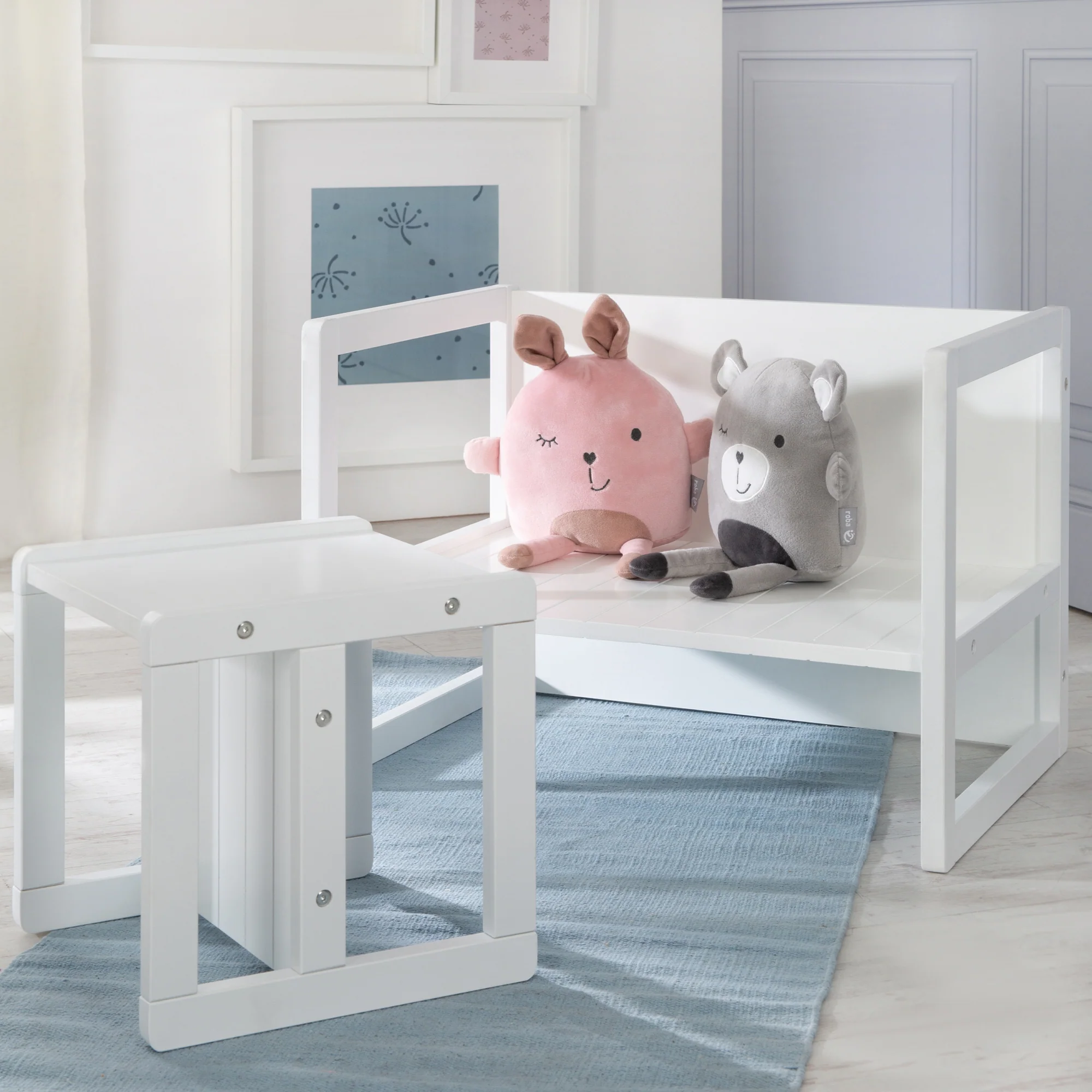 Kindersitzgruppe im Landhausstil, Hocker + Tisch, drehbare Sitzmöbel in Weiß - Image 2