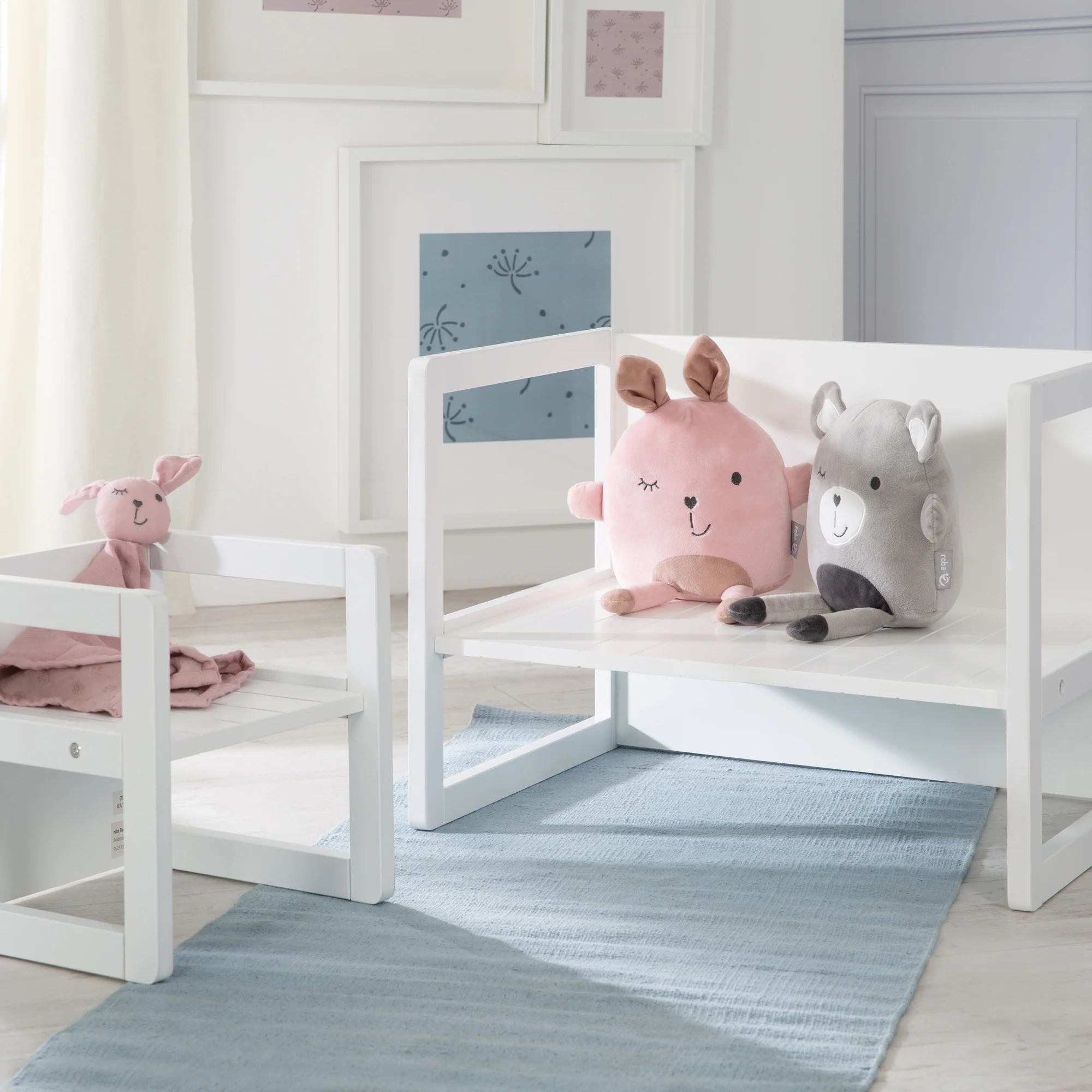 Kindersitzgruppe im Landhausstil, Hocker + Tisch, drehbare Sitzmöbel in Weiß - Image 5