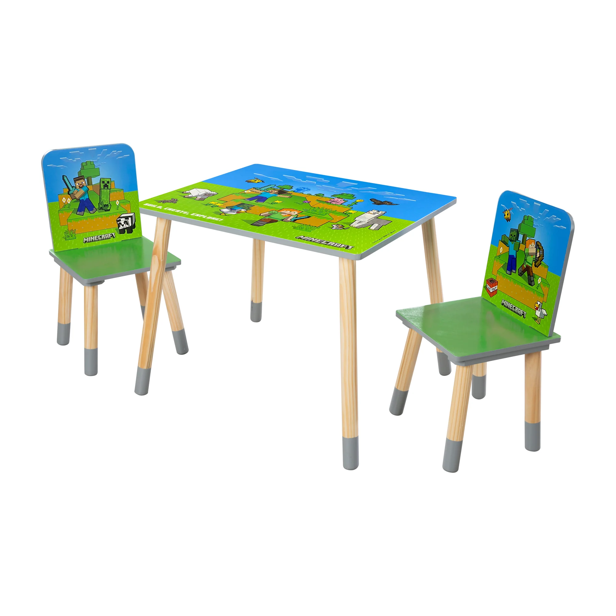 Kindersitzgruppe 'Minecraft' - Tisch mit 2 Stühlen aus Holz - Grün / Blau - Image 5