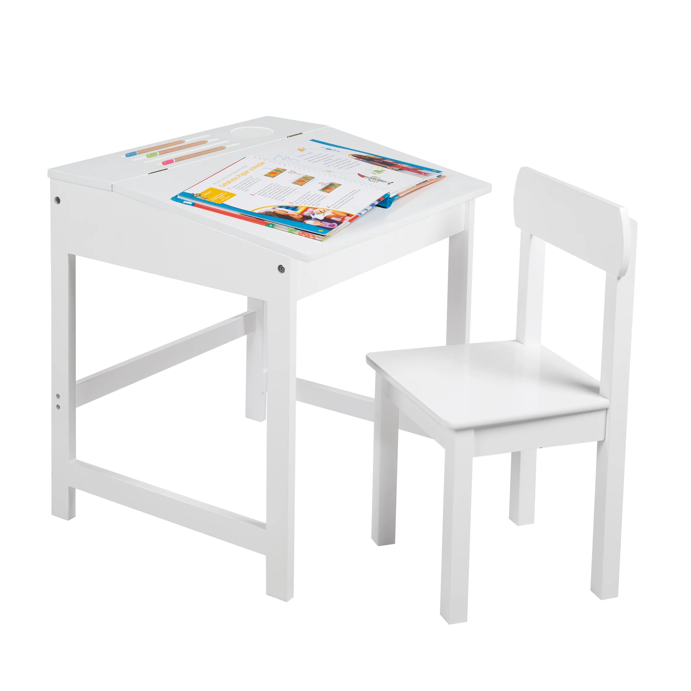 Schulpult mit Stuhl, hochklappbarer Tischplatte mit Dämpfungsbeschlägen, gefräste Ablagerillen - Image 4