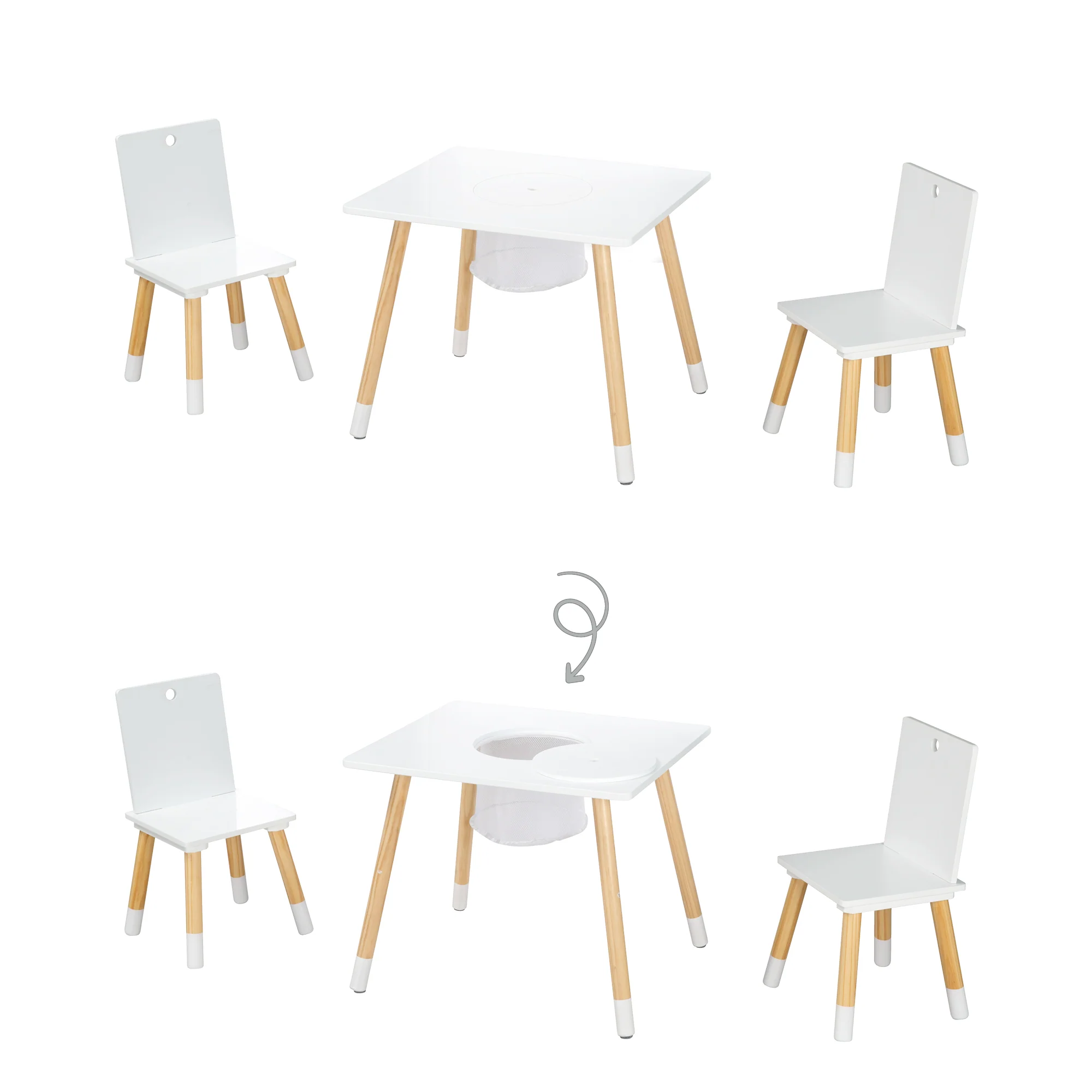 Kindersitzgruppe, Set aus Stühlen & Tisch, Holz weiß lackiert, inkl. Aufbewahrungsnetz - Image 7