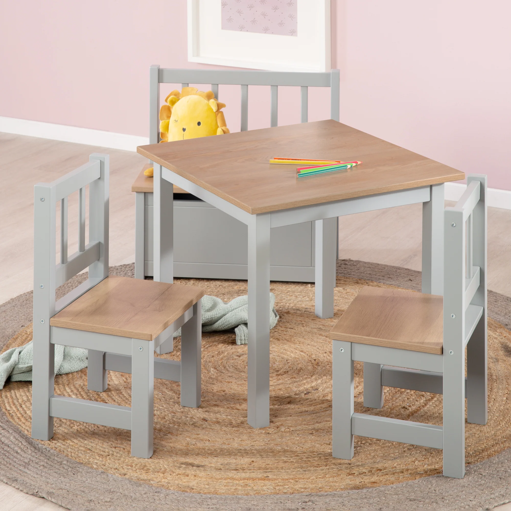 Kindersitzgruppe 'Woody' - 2 Stühle & 1 Tisch - Taupe lackiert - Holzdekor - Image 2