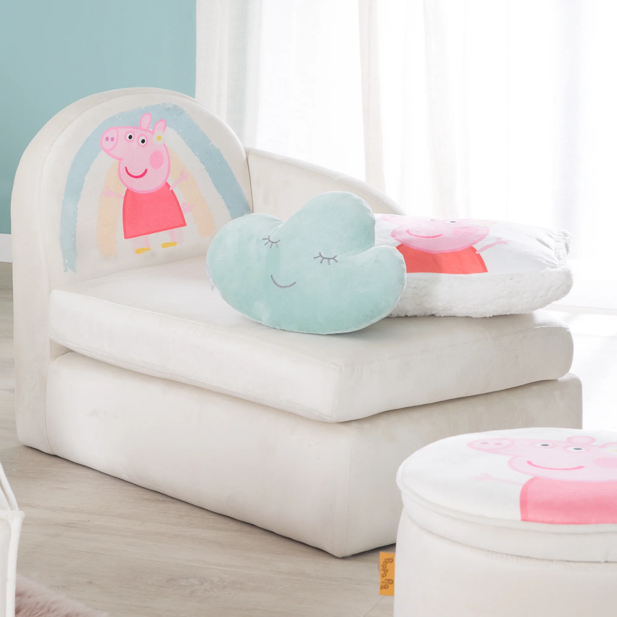 Kinderloungesofa 'Peppa Pig' mit Armlehne - Samtbezug beige - Peppa Print - Image 6