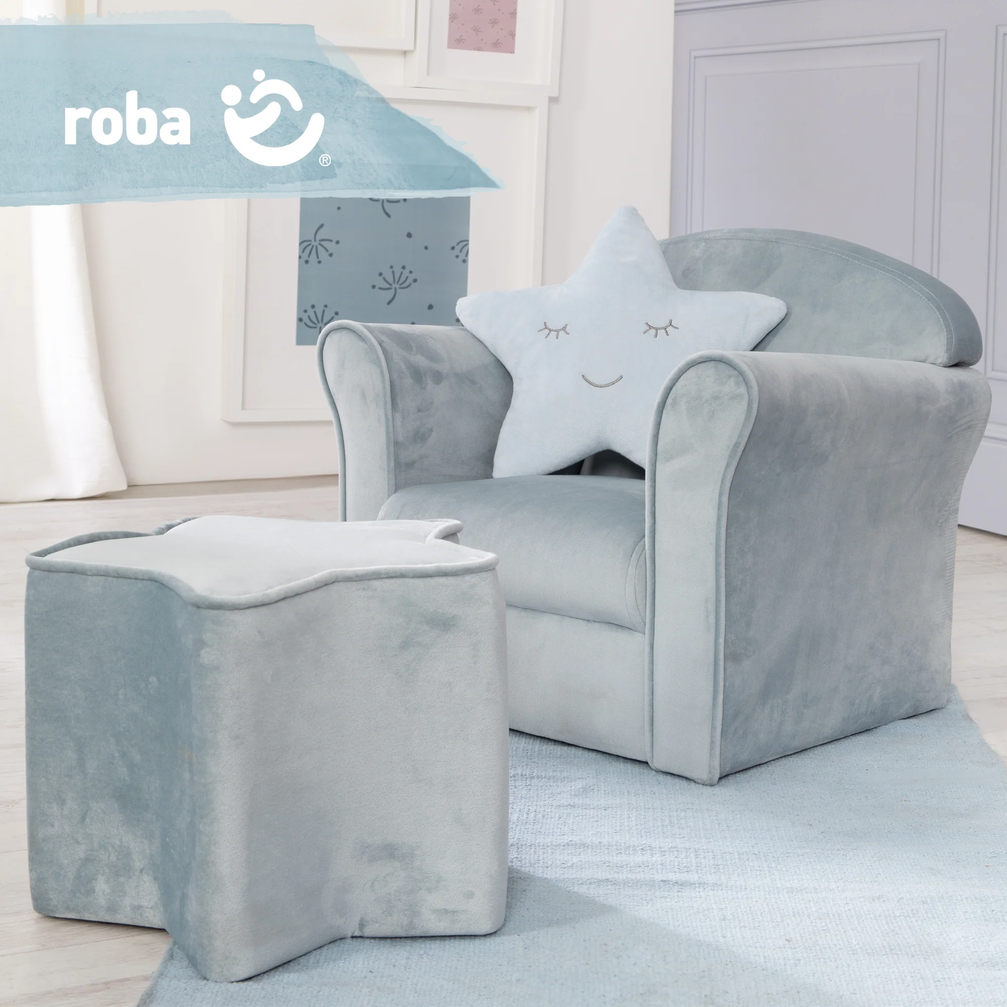Kindersessel 'Lil Sofa' mit Armlehnen, bequemer Minisessel mit hellblauem Samtstoff bezogen - Image 5