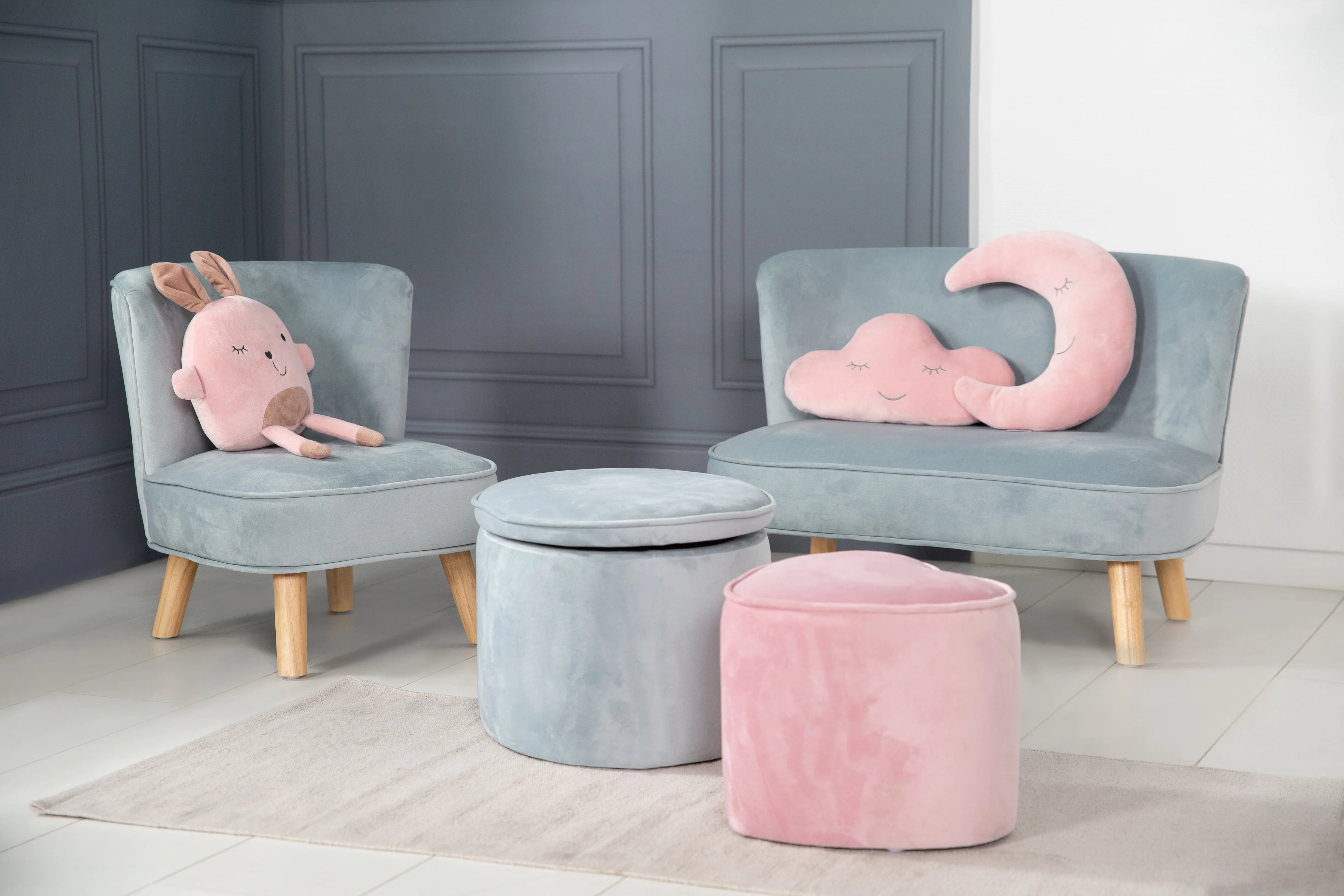 Kinderhocker mit Aufbewahrungsfunktion 'Lil Sofa', oval, bequem, mit Samtstoff, Sky/Hellblau - Image 7