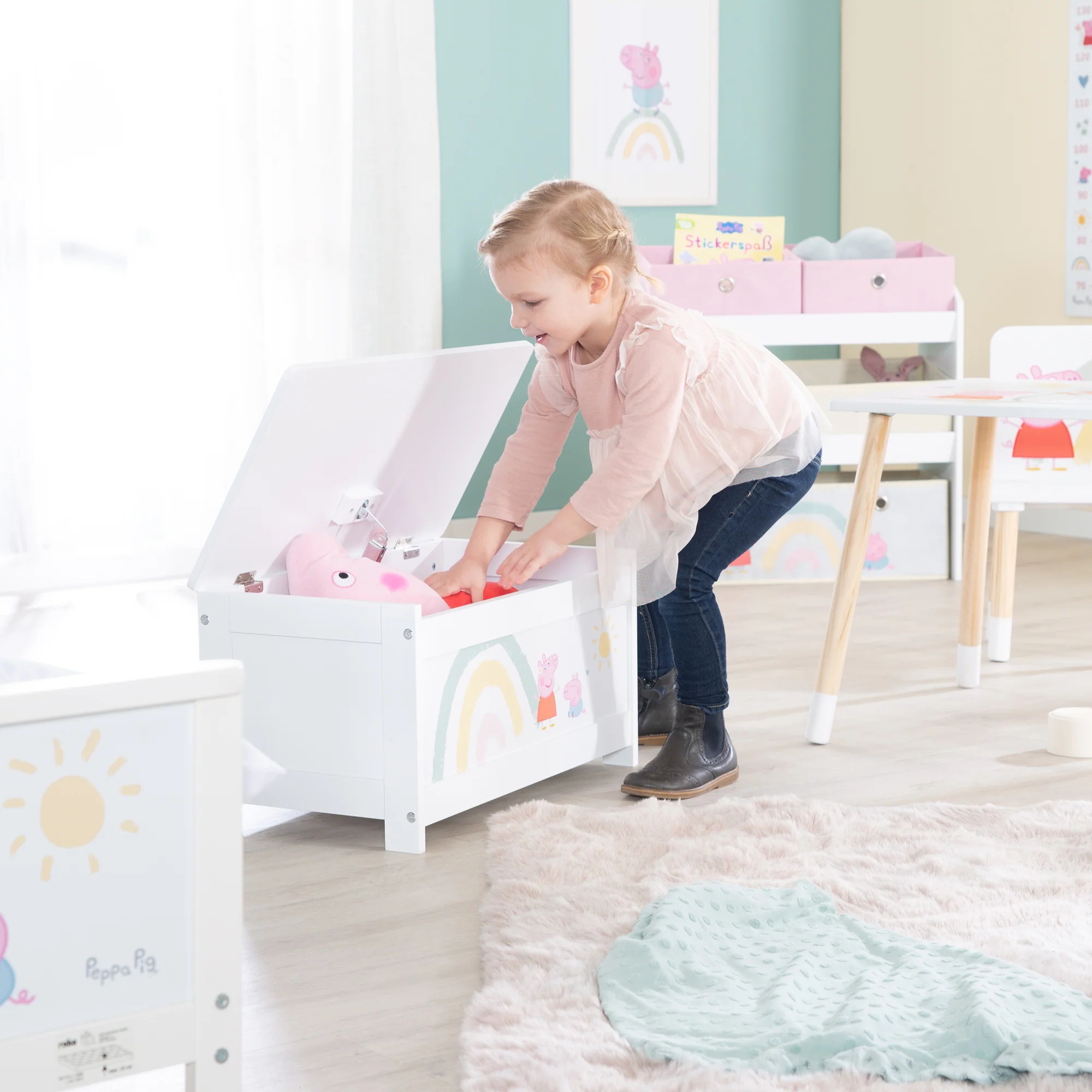 Spielzeugtruhe 'Peppa Pig' aus Holz - Klappbare Sitzfläche - Weiß / Rosa - Image 6