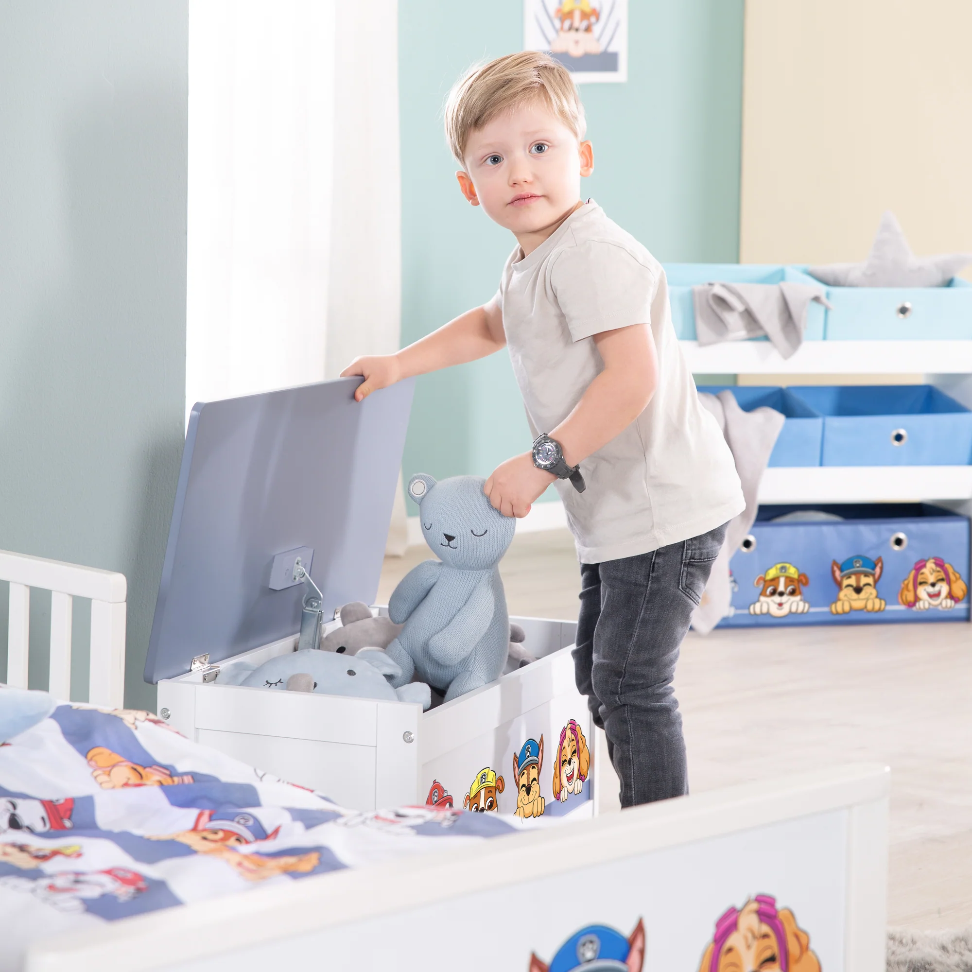 Spielzeugtruhe 'Paw Patrol' aus Holz - Klappbare Sitzfläche - Weiß / Blau - Image 5