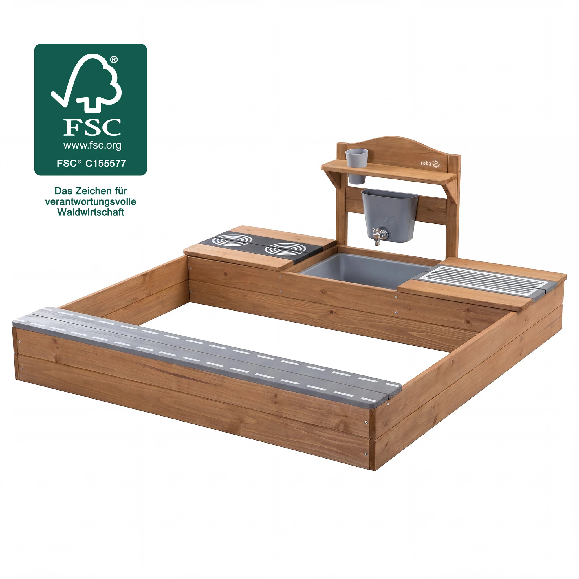 FSC-zertifizierter Sandkasten mit Matschküche - Massivholz teakfarben lasiert - Image 8