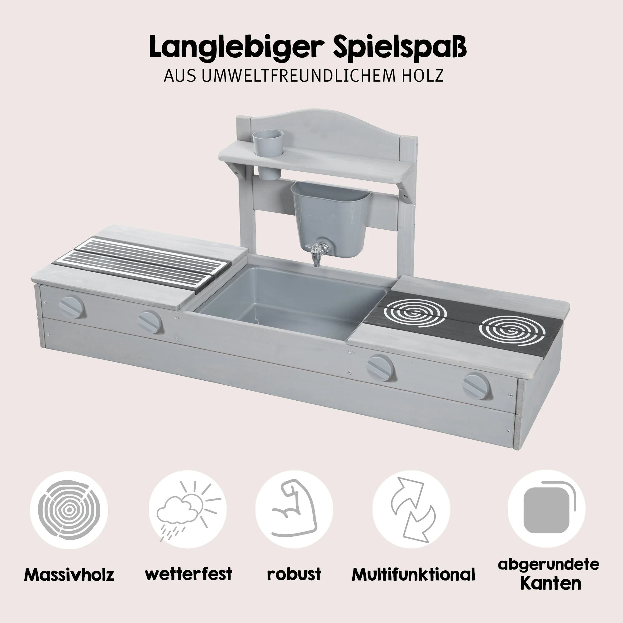 2in1 Balkonsandkasten & Matschküche - FSC®-zertifiziert - Grau lasiertes Massivholz - Image 4