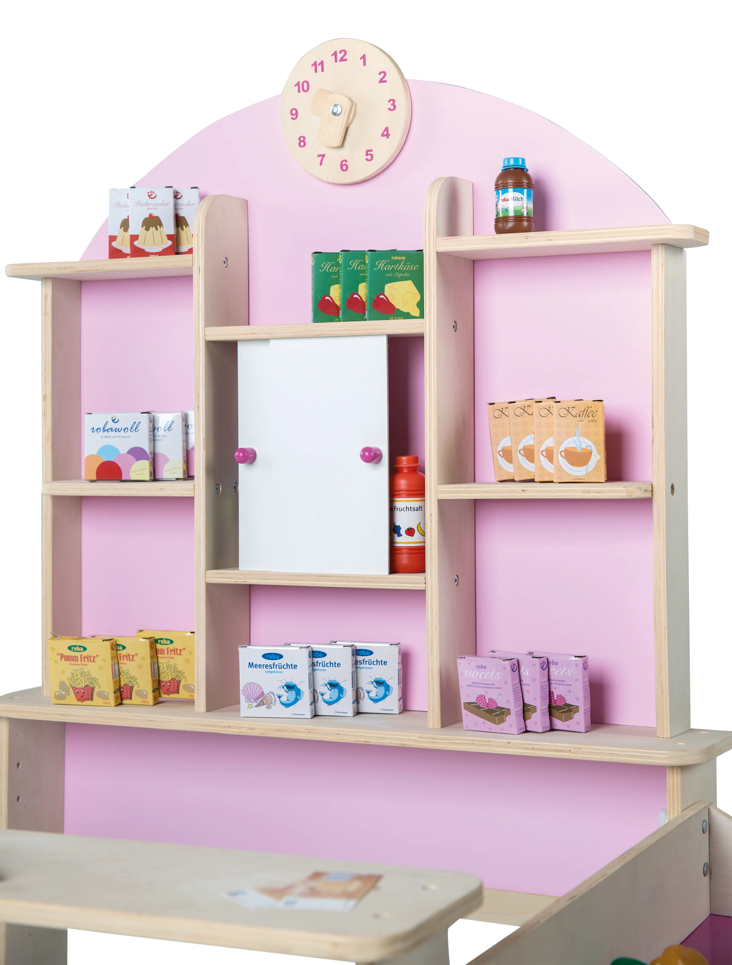 Kaufladen in Holz natur, inkl. Seitentheke, Uhr, Rückwand in rosa & weißen Schiebetüren - Image 5
