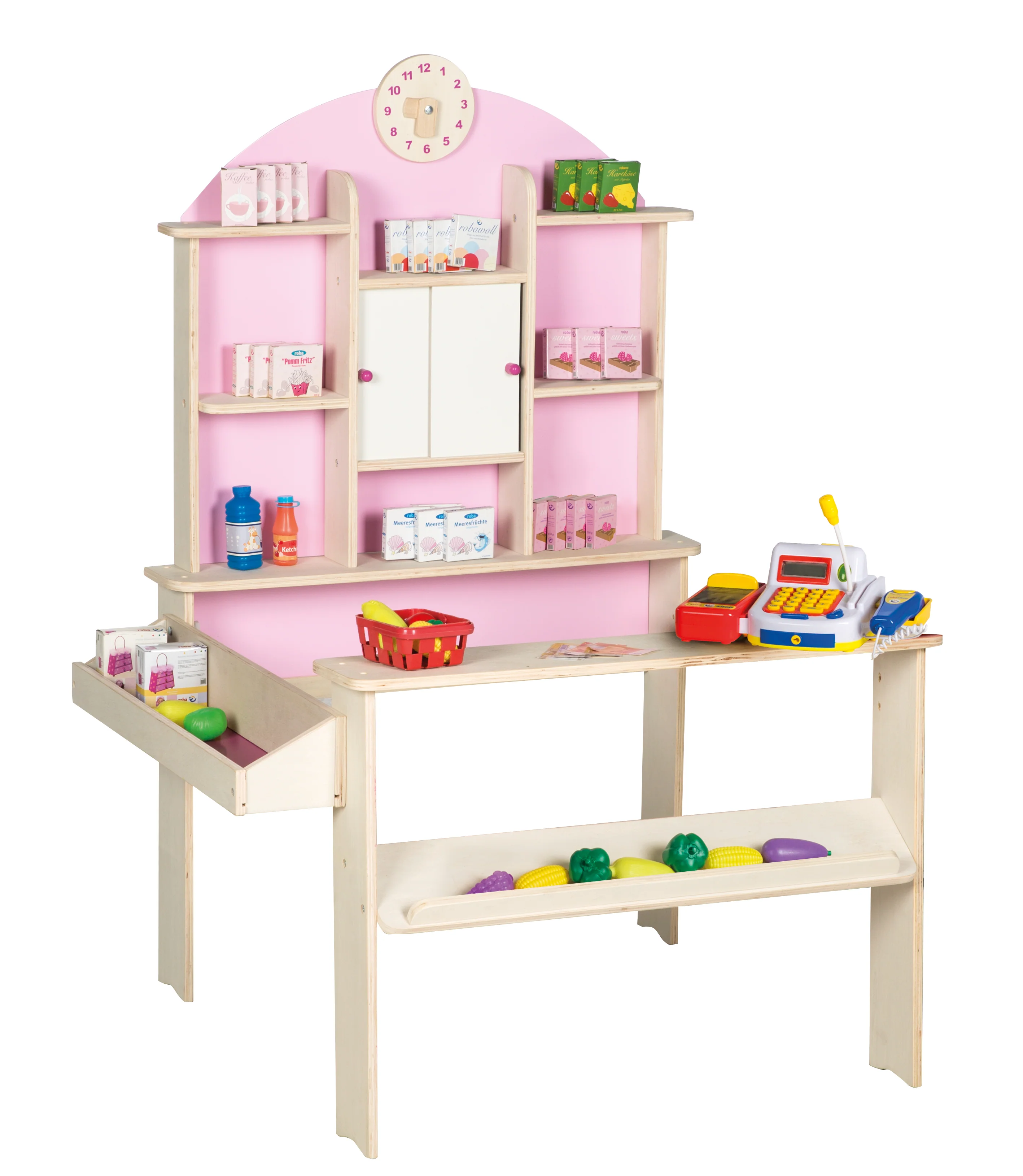 Kaufladen in Holz natur, inkl. Seitentheke, Uhr, Rückwand in rosa & weißen Schiebetüren - Image 6