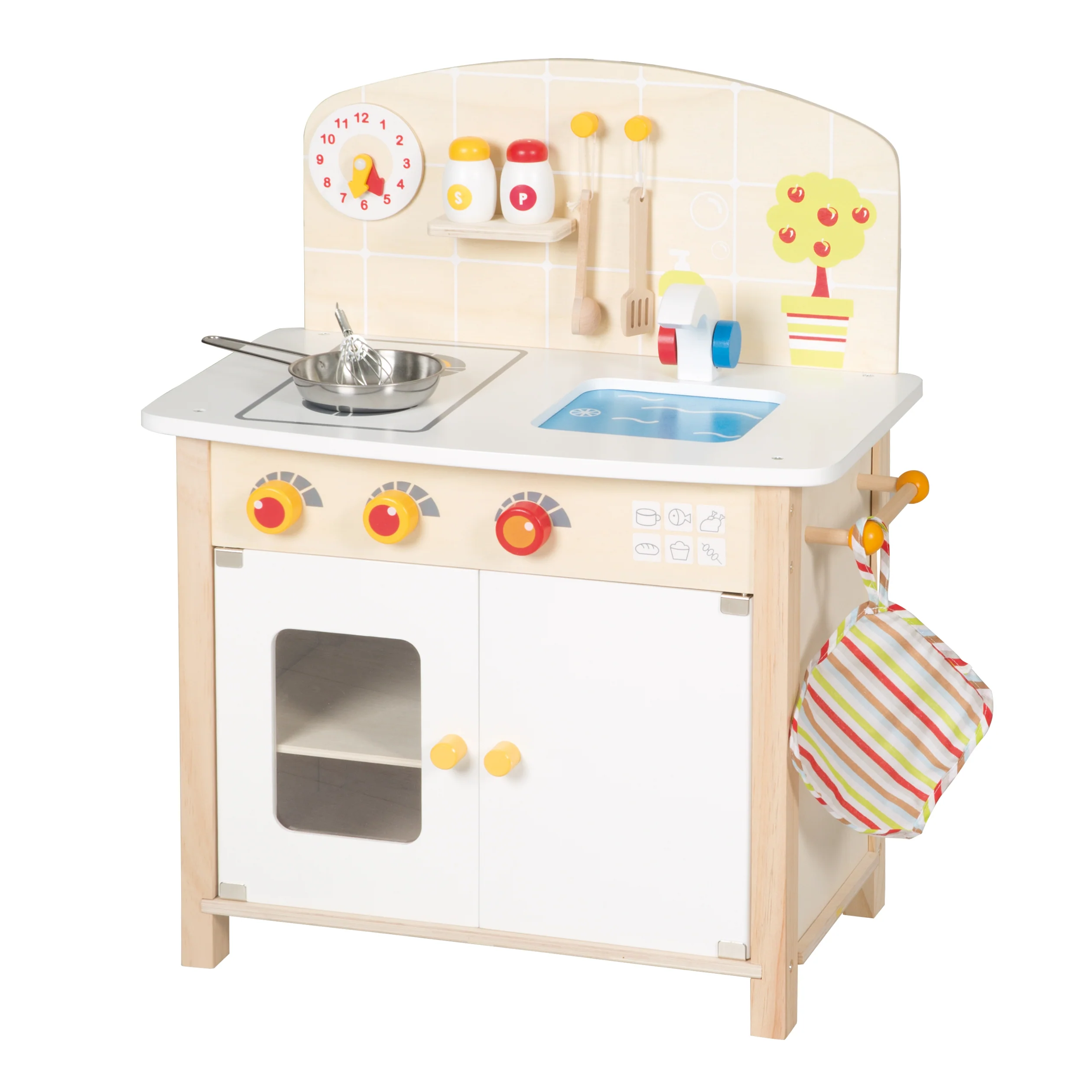 Spielküche weiß/natur, Spielzeug-Küchenzeile mit 2 Kochstellen, Spüle, Wasserhahn & Zubehör - Image 3