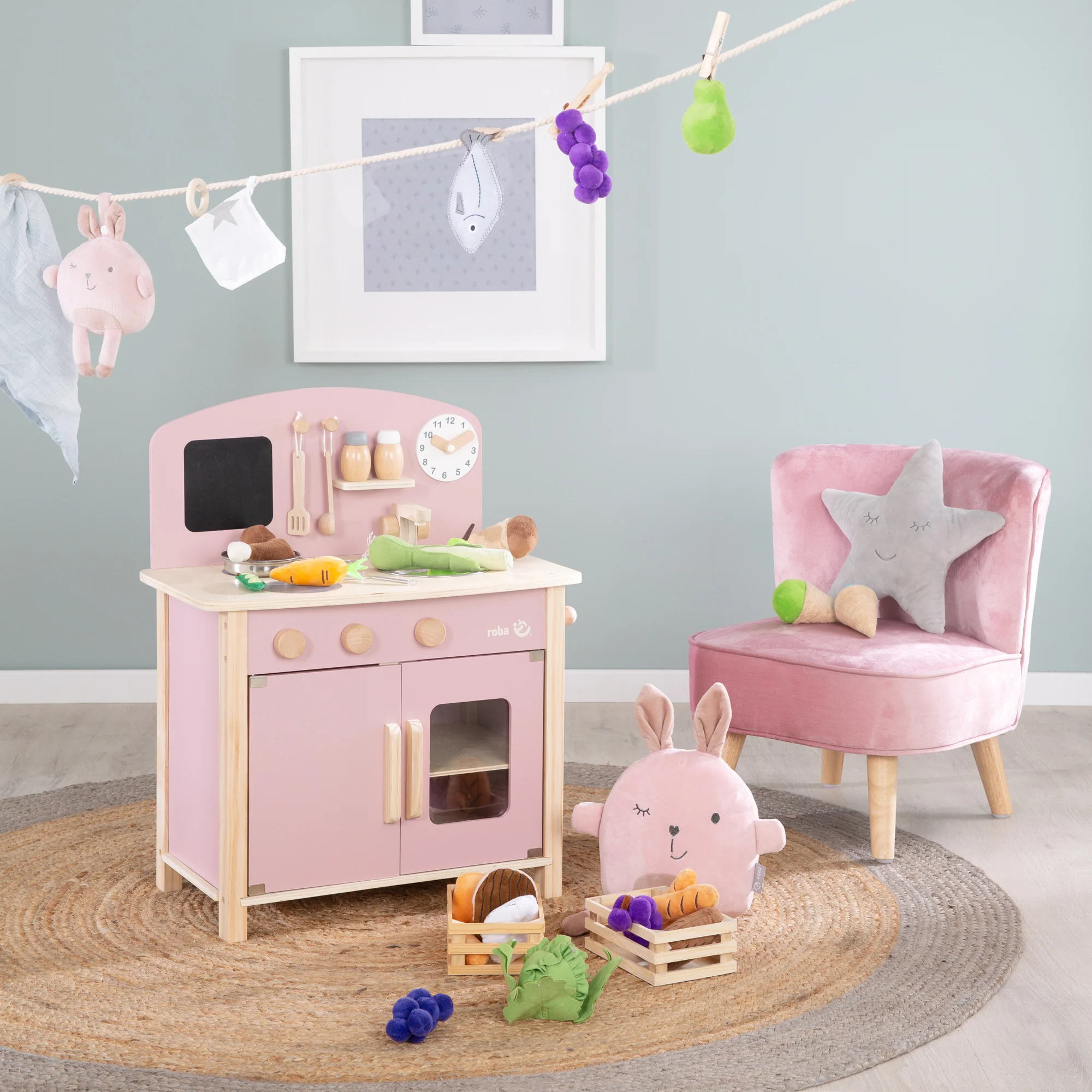 Spielküche weiß/natur/rosa mit 2 Kochstellen, Spüle, Wasserhahn & Zubehör - Image 5